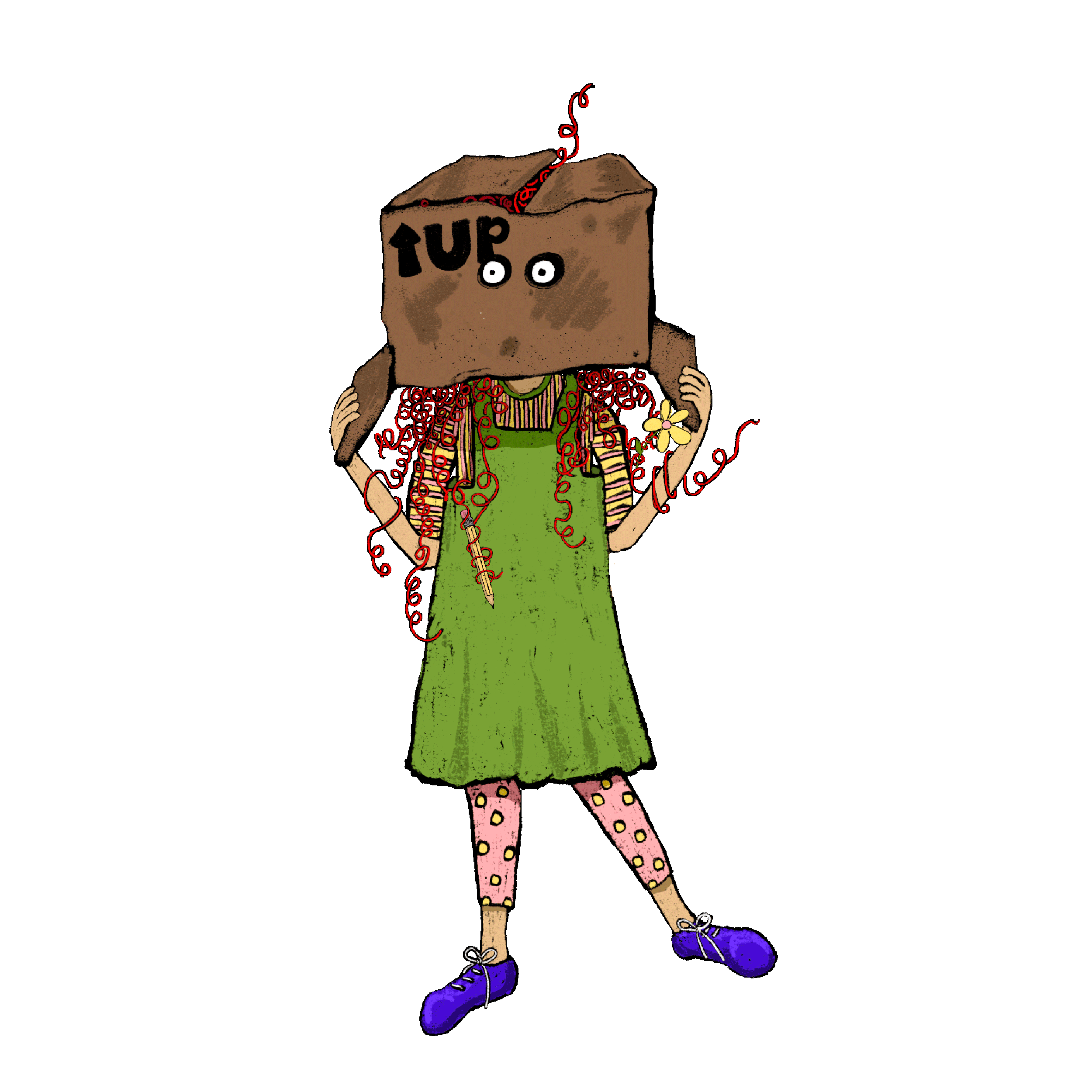 Tookie May McBoolaboop is an illustrated young girl with curly red hair wearing a green dress, pink polka dot tights, and purple shoes, holding a flower, with a paper bag over her head that has the word 'UP'.