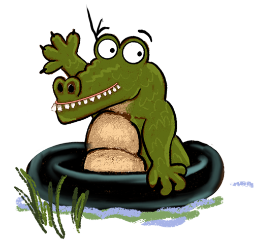 Cartoon alligator with big eyes, smiling, emerging from a pond surrounded by grass.