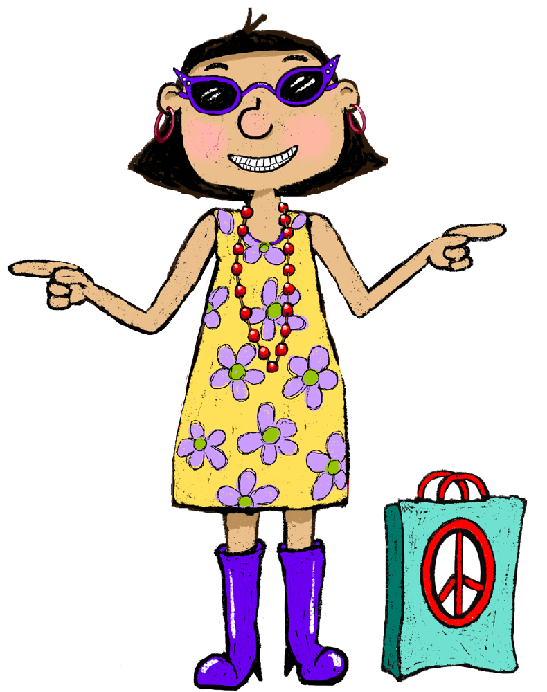 Cartoon woman with short dark hair wearing purple sunglasses, red hoop earrings, a yellow dress with purple flowers, purple boots, and a red and purple beaded necklace, standing next to a teal bag with a red peace symbol on it, smiling and pointing in opposite directions.