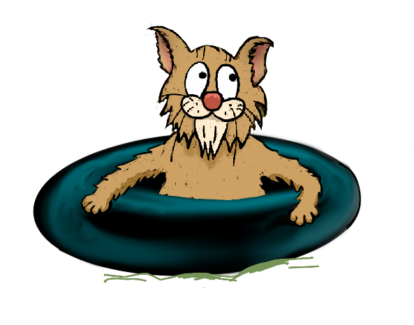 Cartoon cat with a pink nose and whiskers sitting in a blue pool.