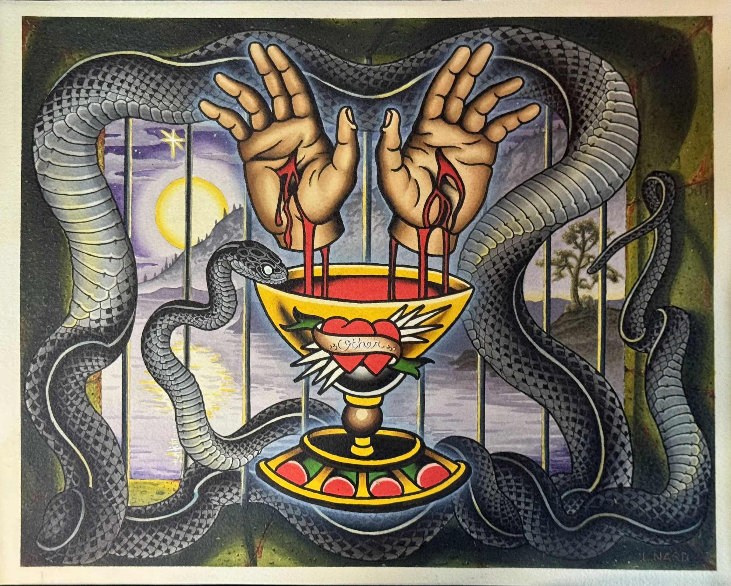 A painting of two human hands with bleeding wounds holding a yellow bowl with a red interior. The bowl contains a heart with a banner reading 'Lust' and is surrounded by a sword and a rose. The hands are surrounded by six black snakes with white eyes