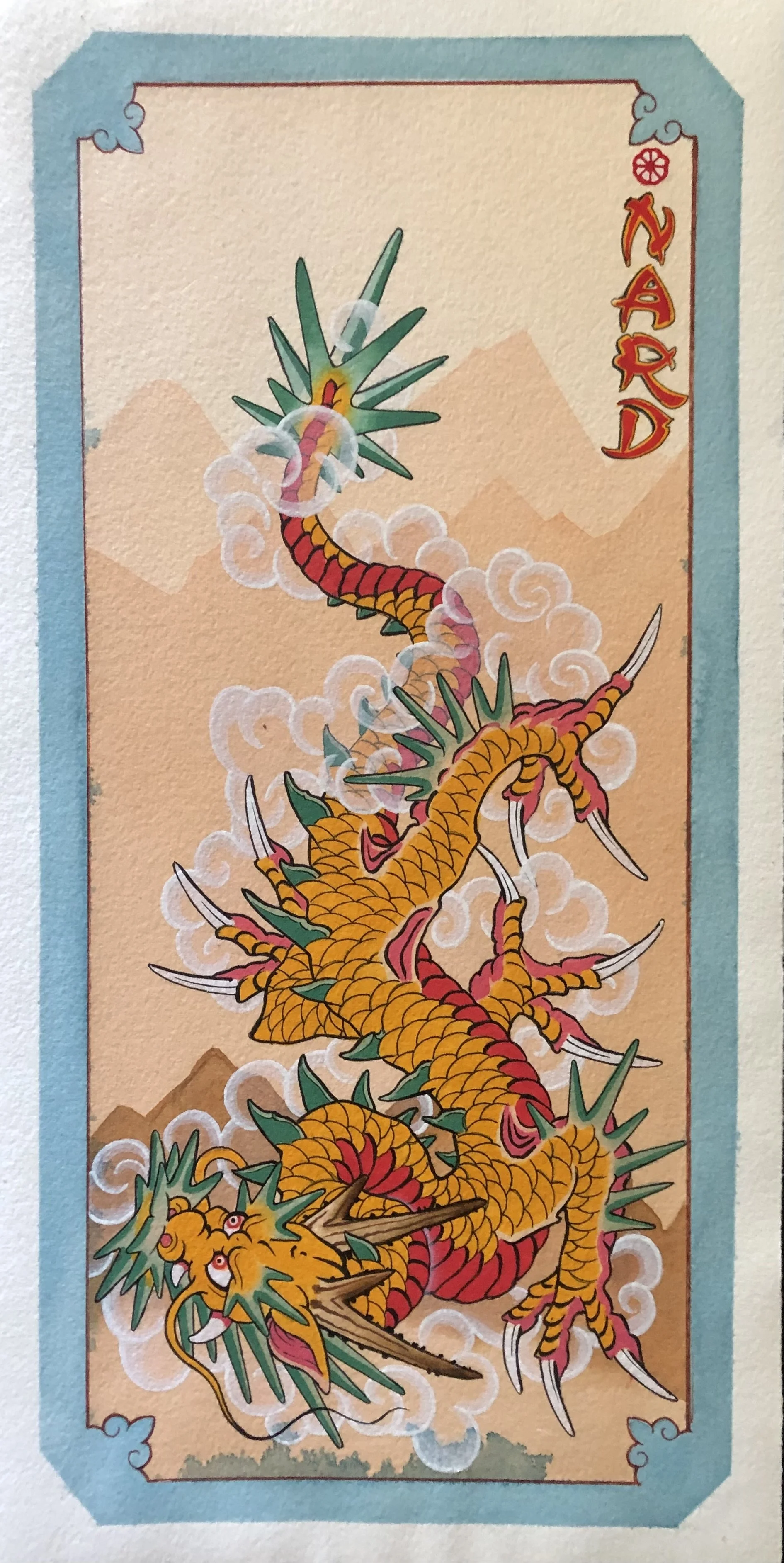 Traditional Japanese-style drawing of a yellow dragon with green spikes and red accents, surrounded by clouds and mountains, with 'NARD' written in red with orange outline in the top right corner.