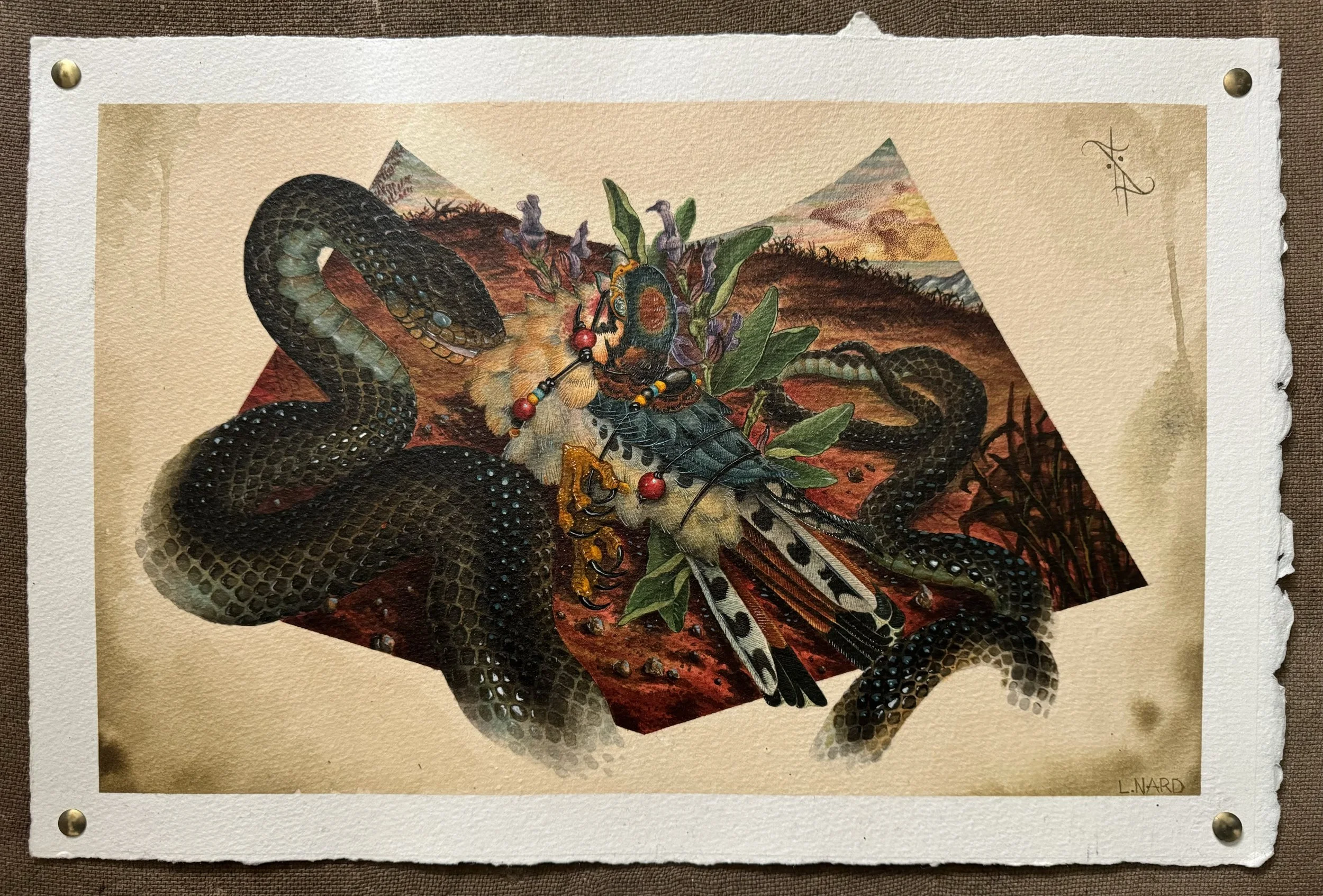Painting of a snake, an insect with intricate black and white wings, and a flower, set against a desert landscape background. Signed by L. Nard.