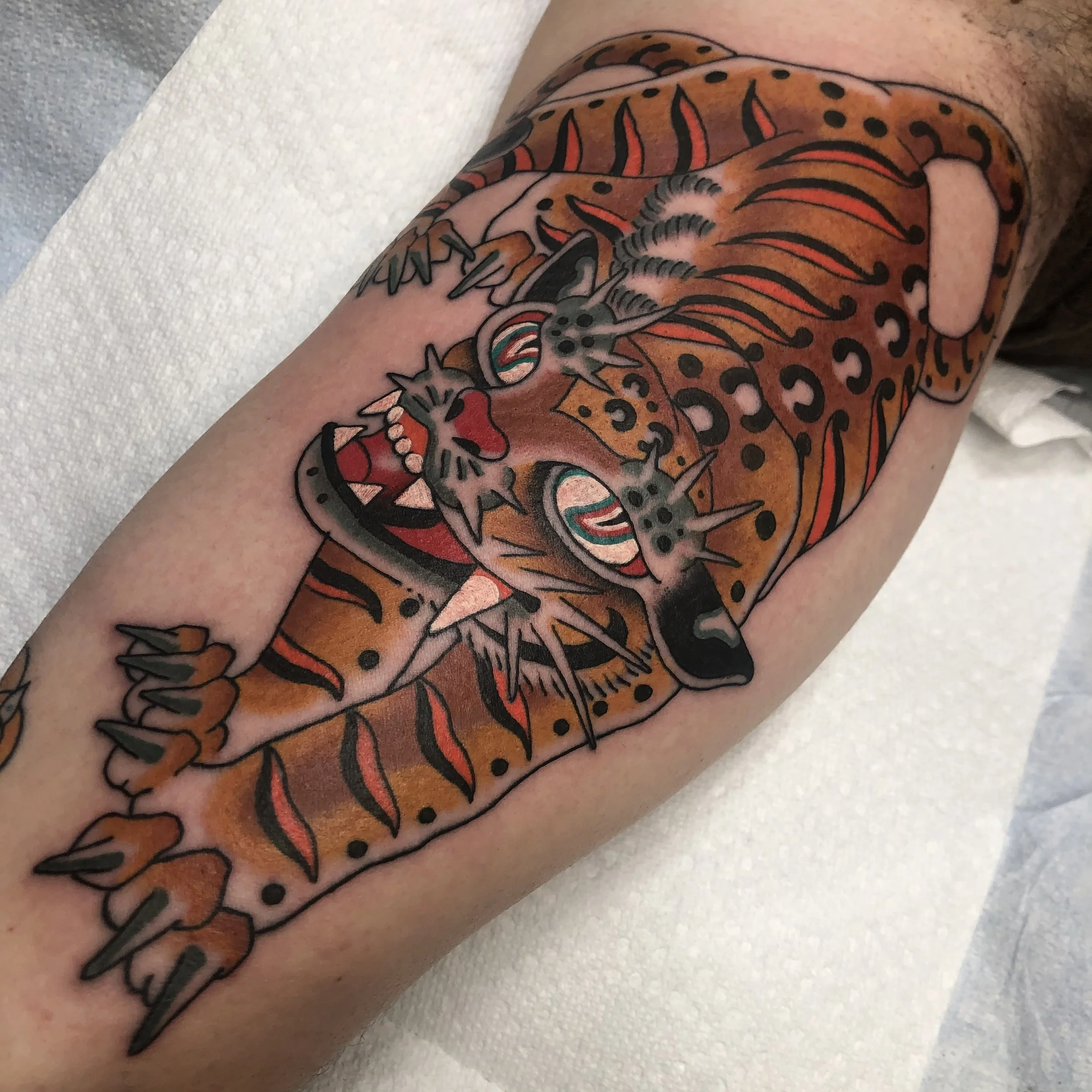A colorful tattoo of a Korean tiger with detailed spots, surrounded by a decorative border of red and orange leaves, on a person's arm.