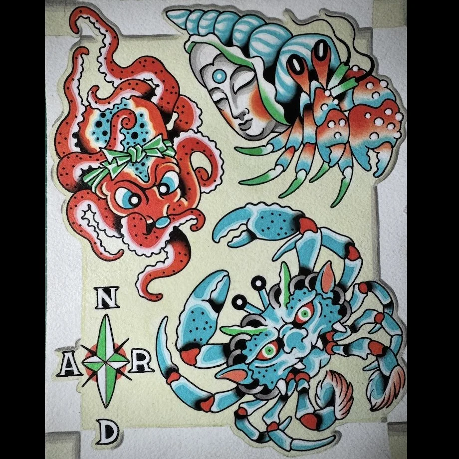 Colorful tattoo-style illustrations of a red octopus with a green bow, a blue and white heike crab, and a blue and teal hermit crab with face. A compass rose with letters N, A, R, D is also present.