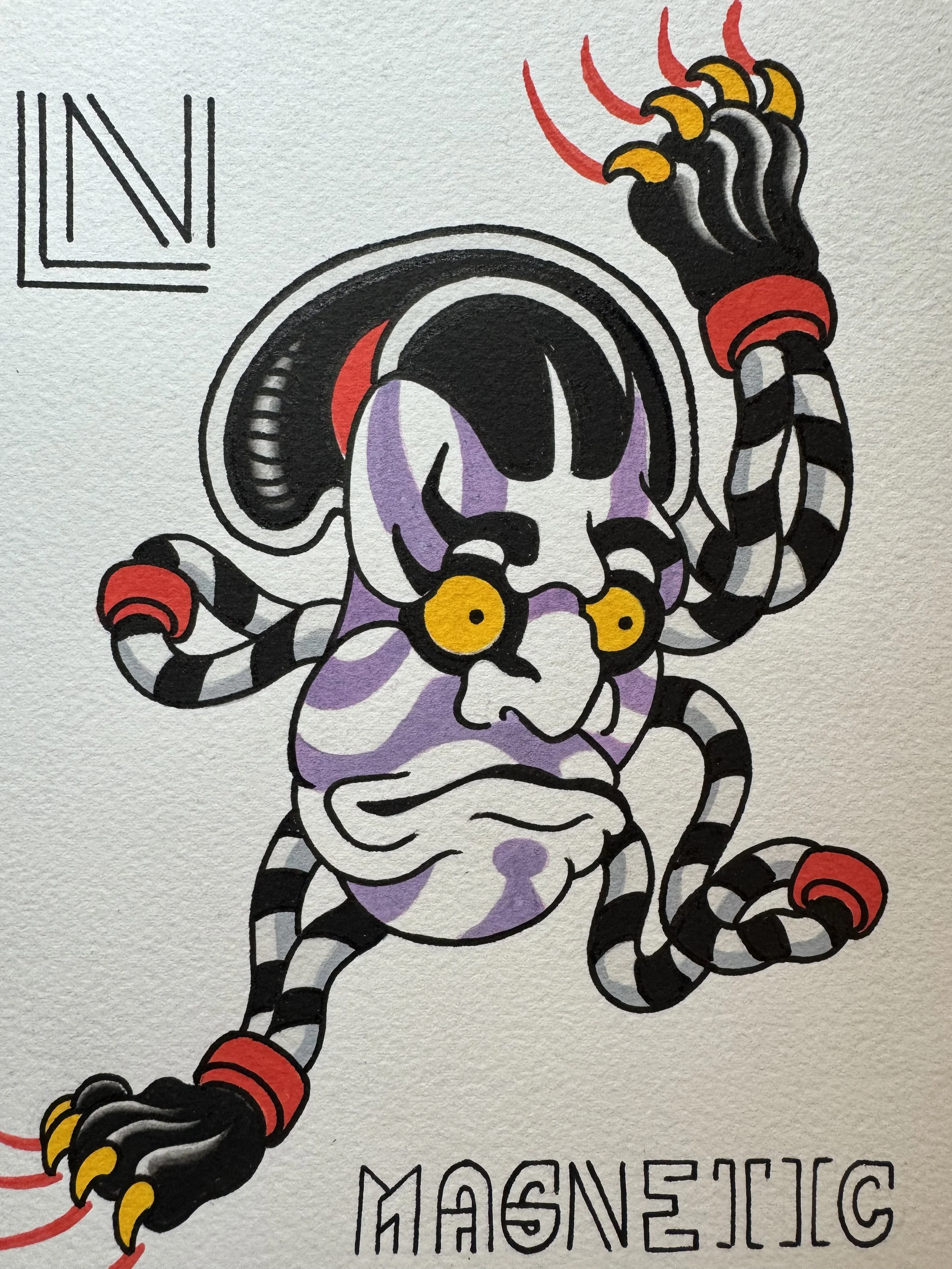 A colorful illustration of a creature with a human face, purple markings, large yellow eyes, and black and white striped tentacle-like appendages with red tips. The creature holds a black and white striped object with red and yellow accents, and ther