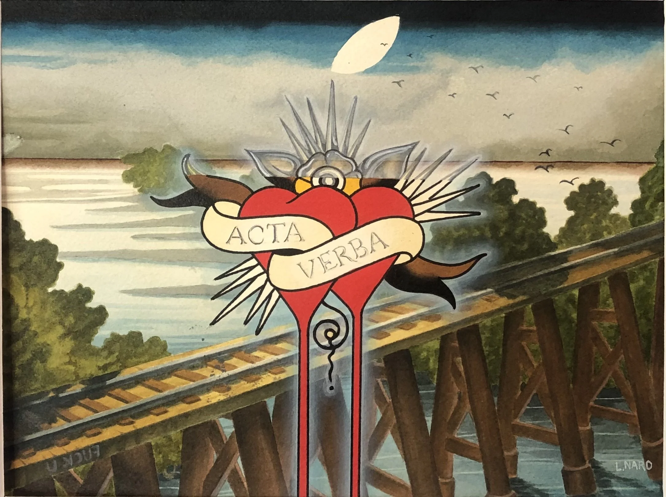 Colorful mural depicting a heart pierced by a dagger, wrapped with a ribbon reading 'ACTA VERBA,' with a sunset over a bridge and trees in the background.