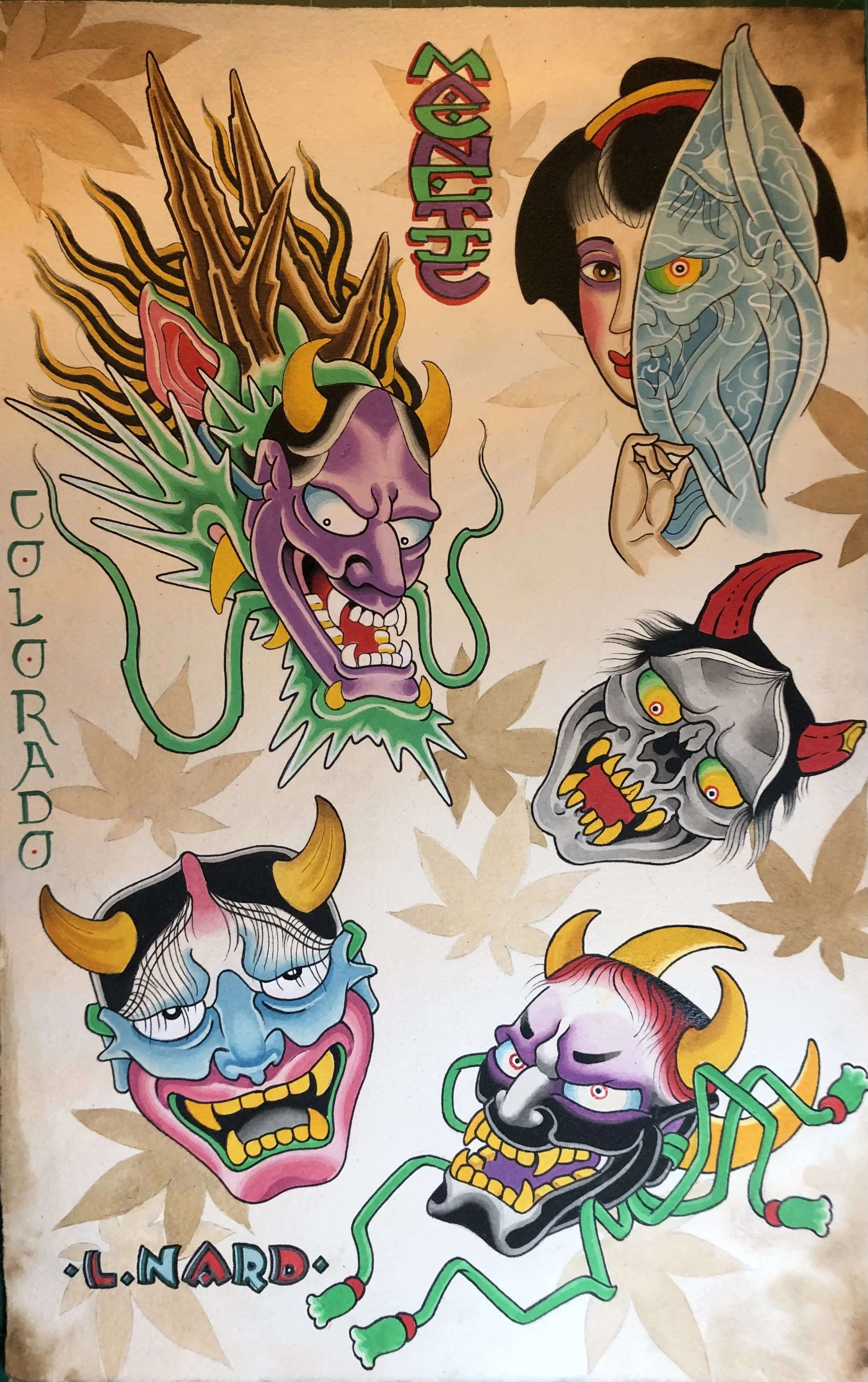 Colorful traditional Japanese tattoos of hannya masks with a dragon and woman peeking from behind a mask, surrounded by maple leaves.