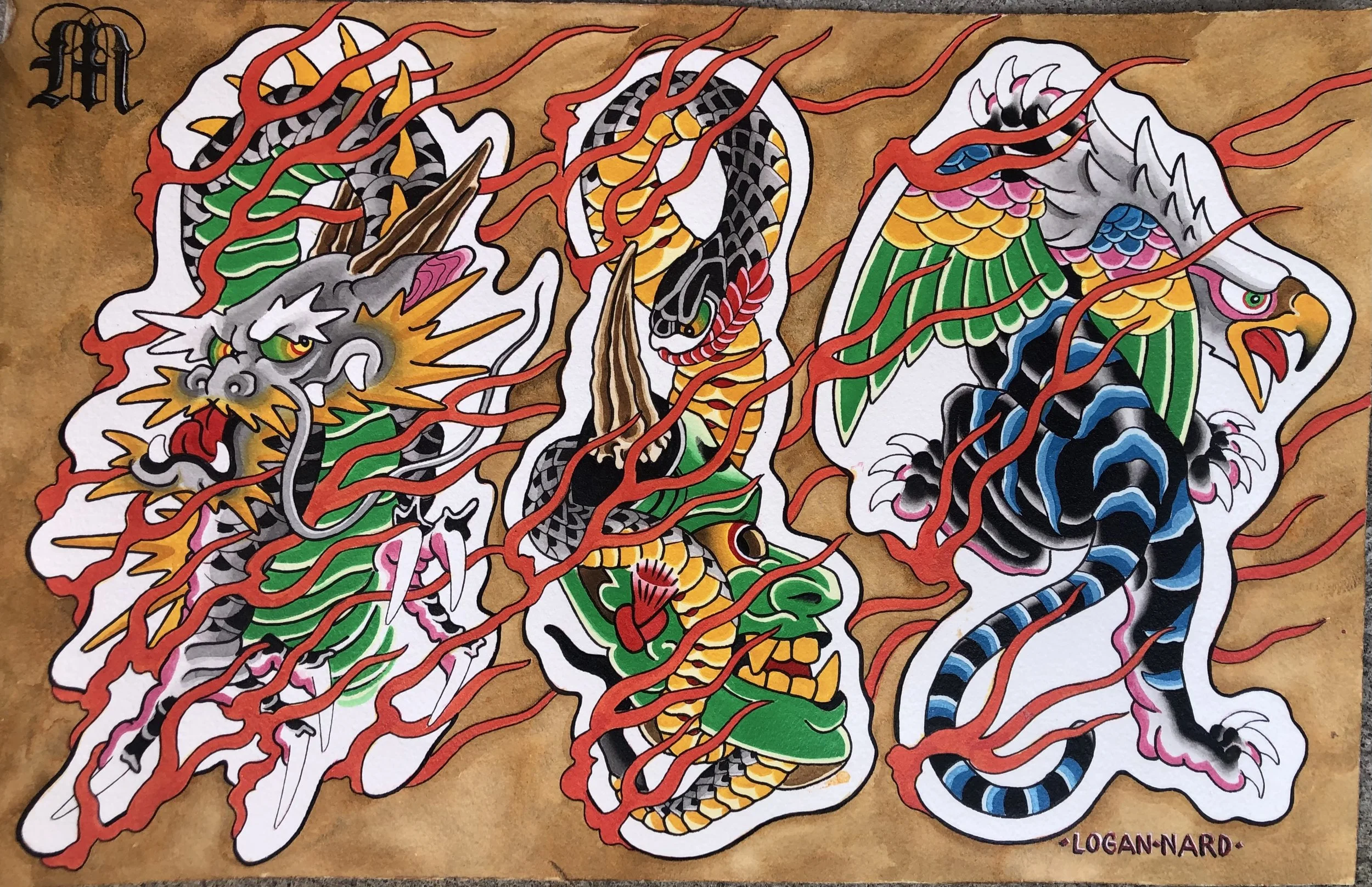 Traditional Japanese tattoo-style artwork featuring a fierce dragon on the left, a snake and hannya in the middle, and a Griffin on the right, all surrounded by red flame-like wisps and a brown background.