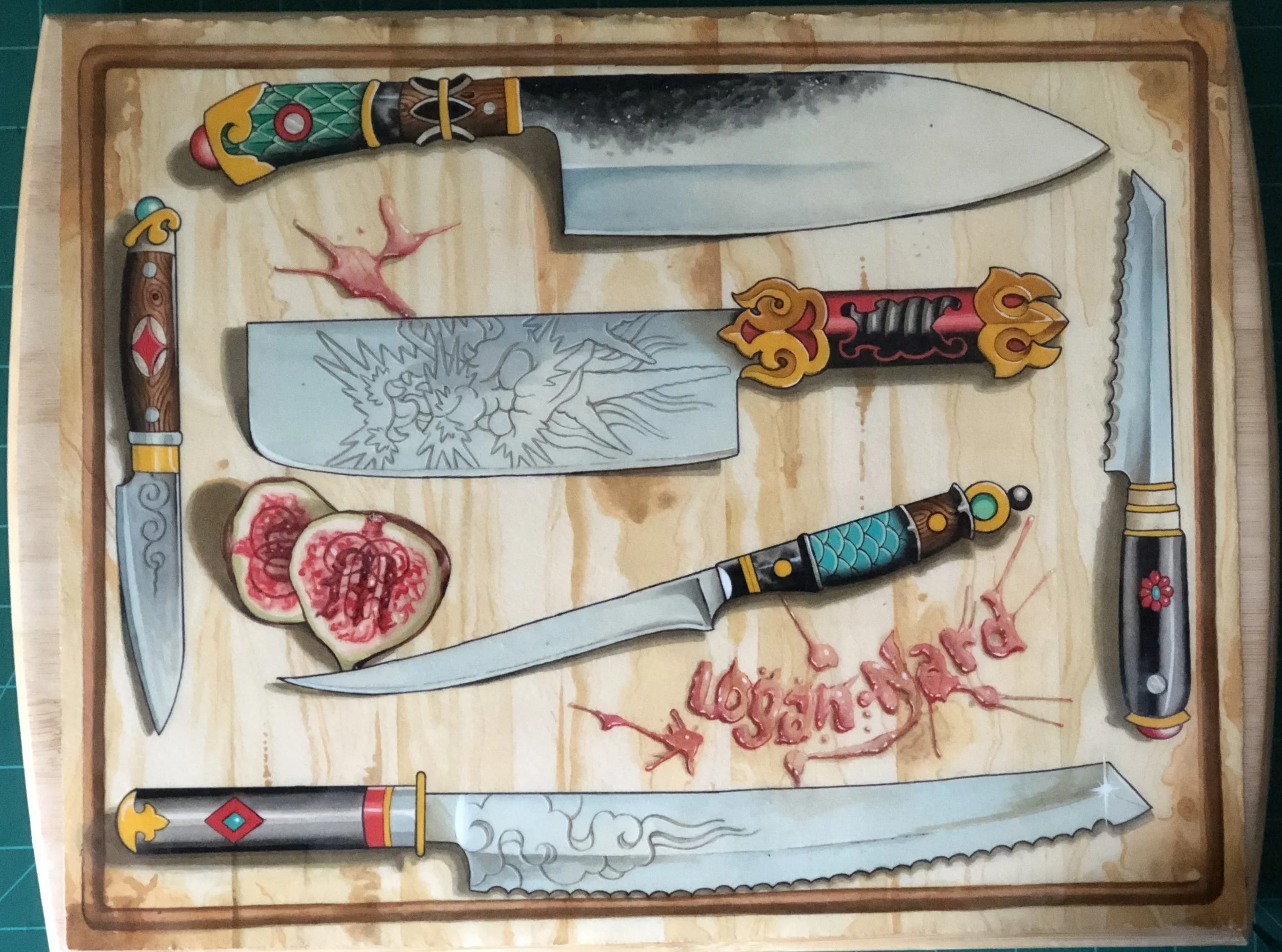 A wooden board display with four decorative knives, two slices of raw meat, and blood splatters. The knives are ornate, with colorful handles and detailed blades, some with engravings or patterns. The board is labeled with the name "Logan & Kai".