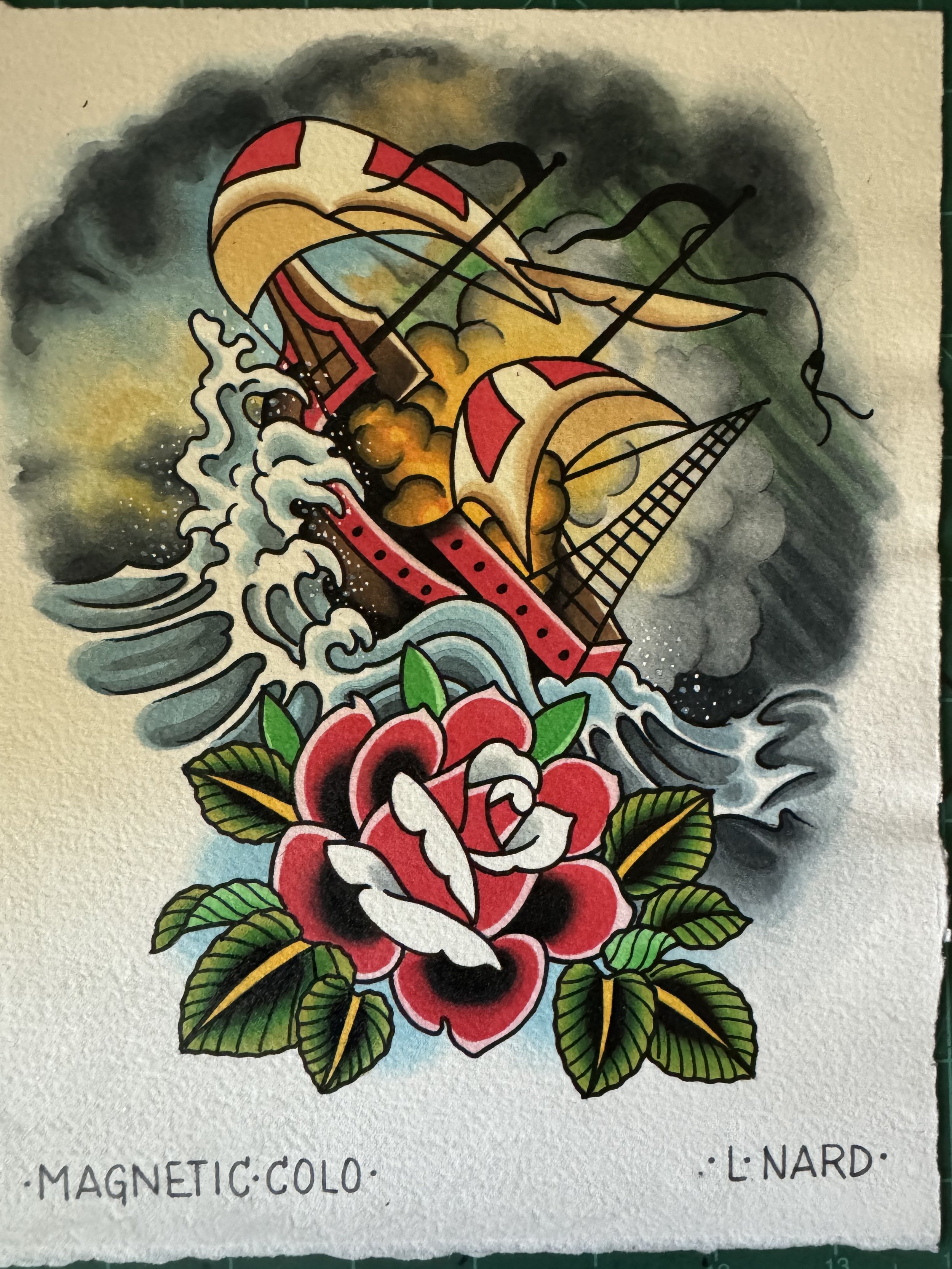 A colorful tattoo-style illustration of a sailing ship on turbulent waves above a red rose with green leaves, with black smoke and stormy clouds in the background, labeled "Magnetic Colo" by L. Nard.