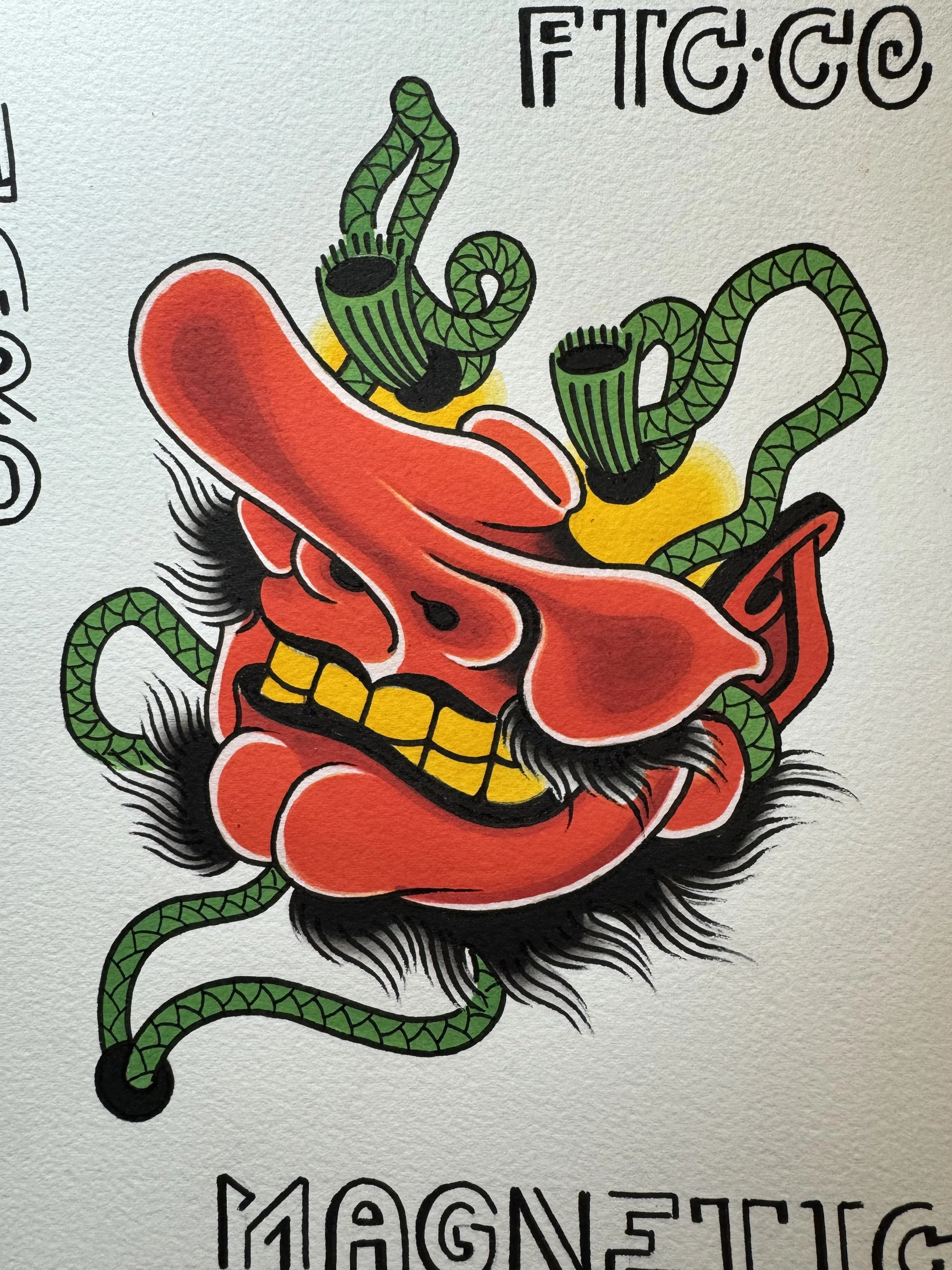 A traditional Japanese style tattoo design of a haunted red Tengu face with a fierce expression, yellow teeth, and black facial hair, come to life surrounded by green cords.