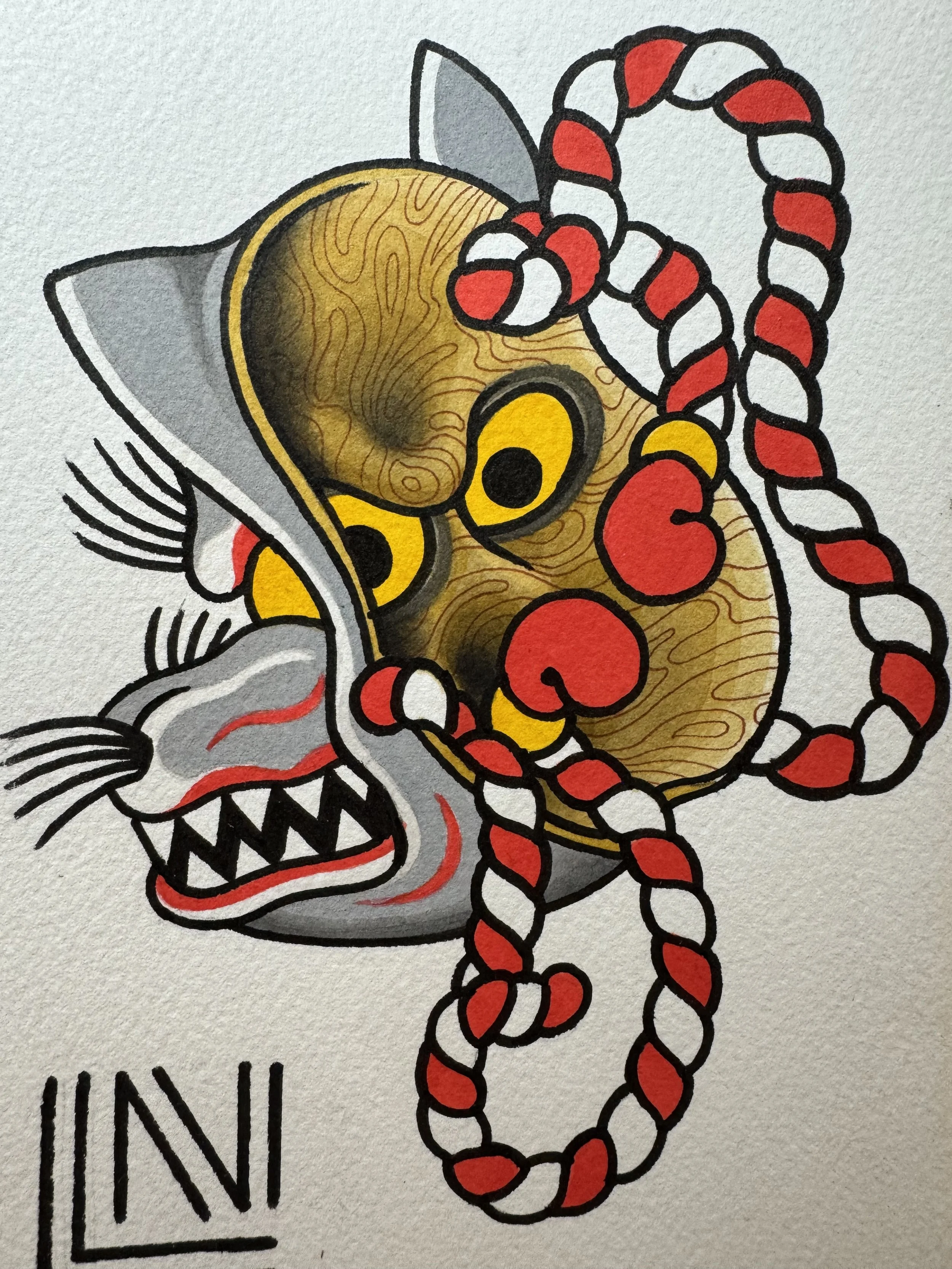 Colorful tattoo-style illustration of a haunted kitsune mask.