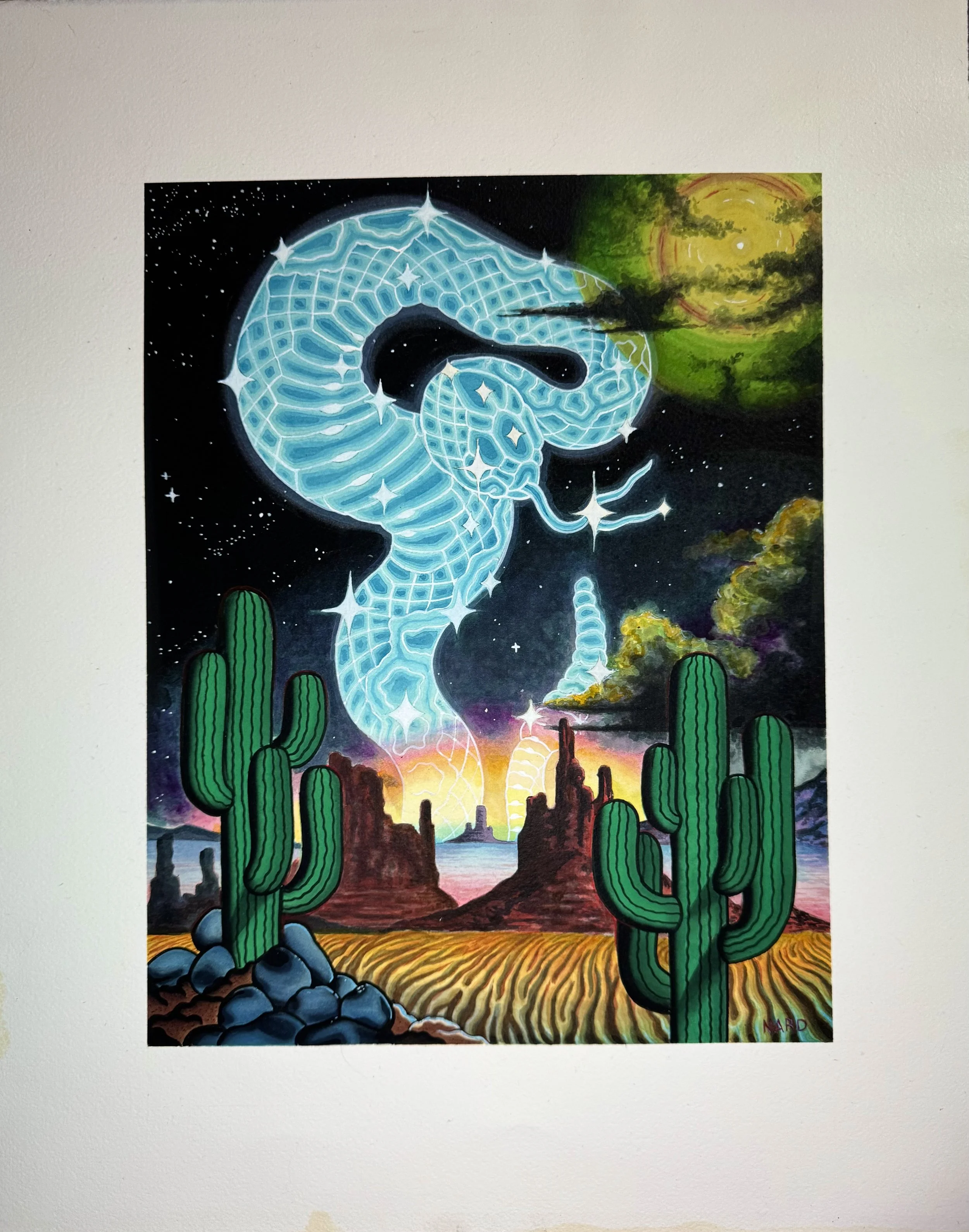 A vibrant painting featuring a glowing blue snake coiled in space with stars, a green planet, and a yellow moon in the background. The foreground shows a desert landscape with green cacti, rocky formations, and farming fields.