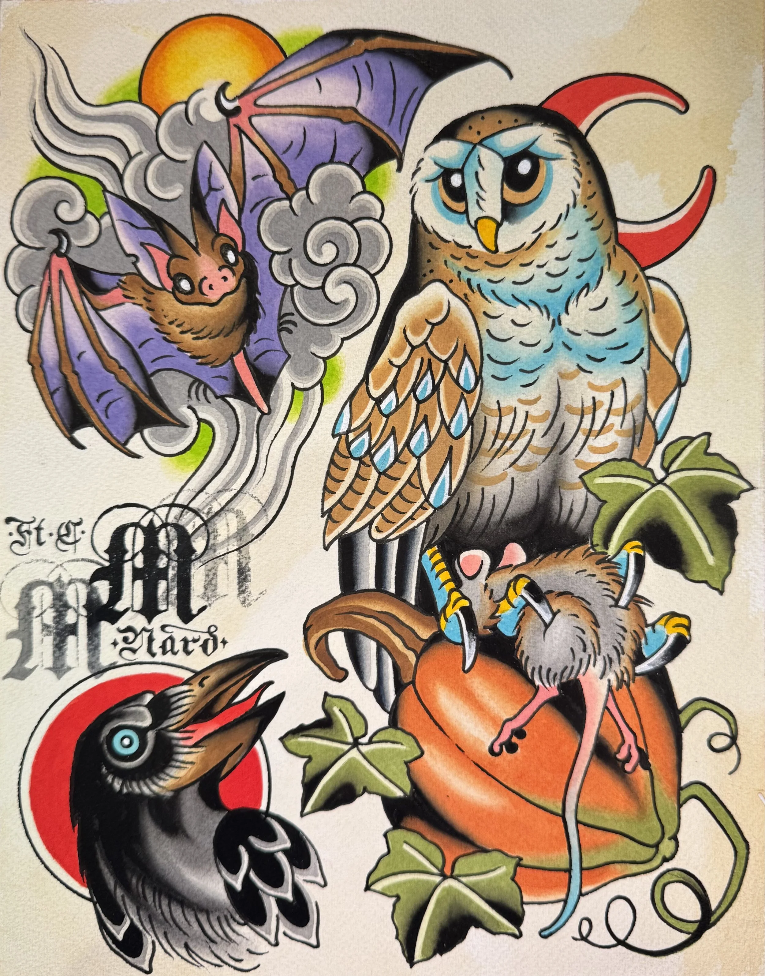 Colorful tattoo-style artwork featuring an owl perched on a pumpkin, a bat flying with clouds and moon, and a crow.