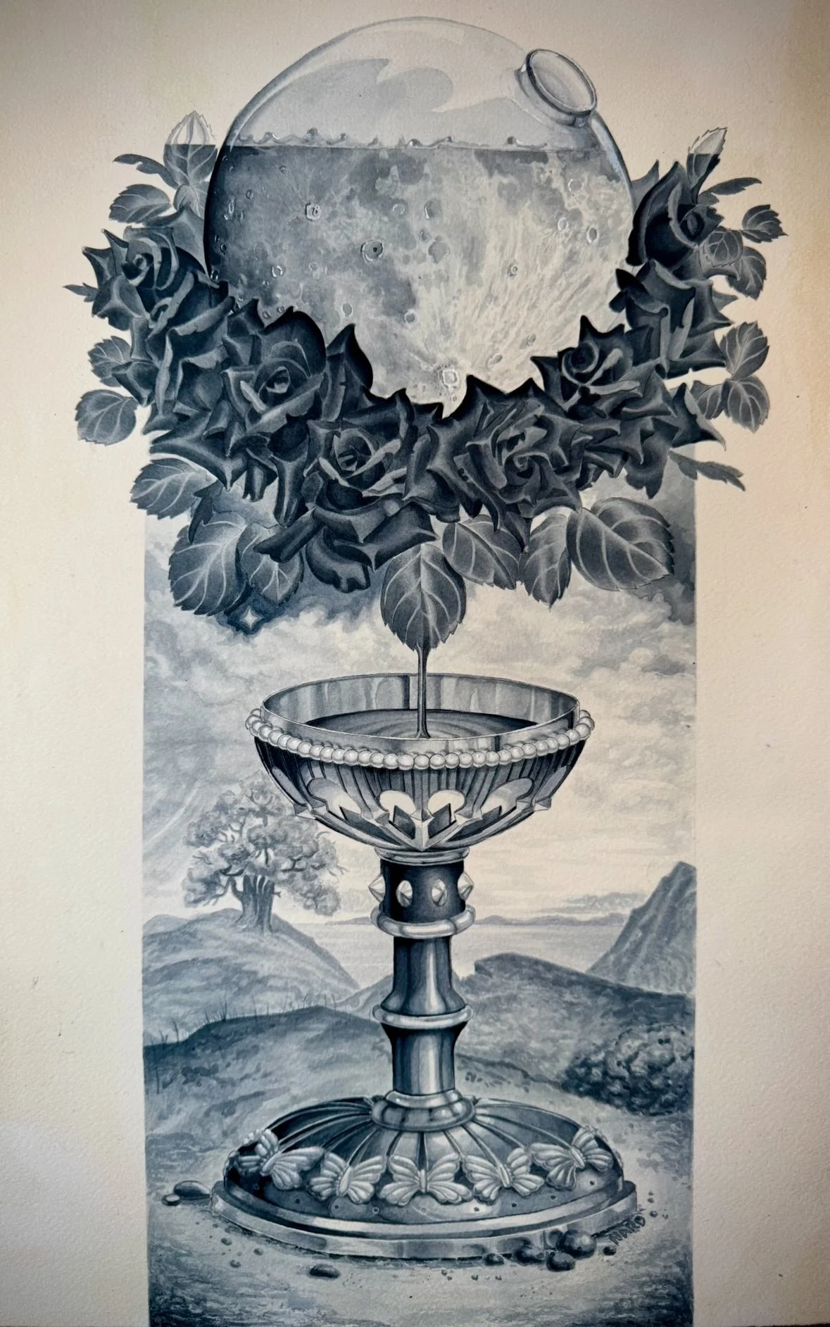 A black and white painting of a chalice with a large moon in the sky, surrounded by a wreath of roses. with a background featuring a large oak tree and reminiscent of religious paintings 