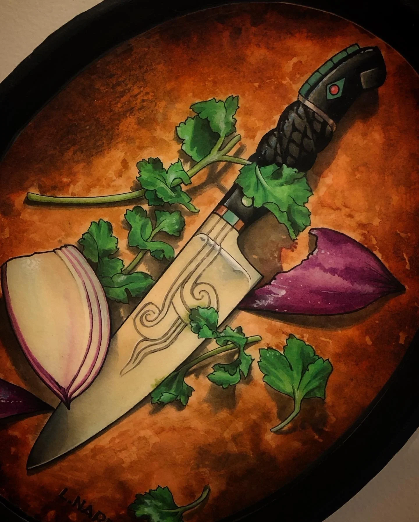 Artwork of a knife with a decorated handle and blade, surrounded by cilantro leaves, a red onion, and purple flower petals, with a warm orange-brown background.