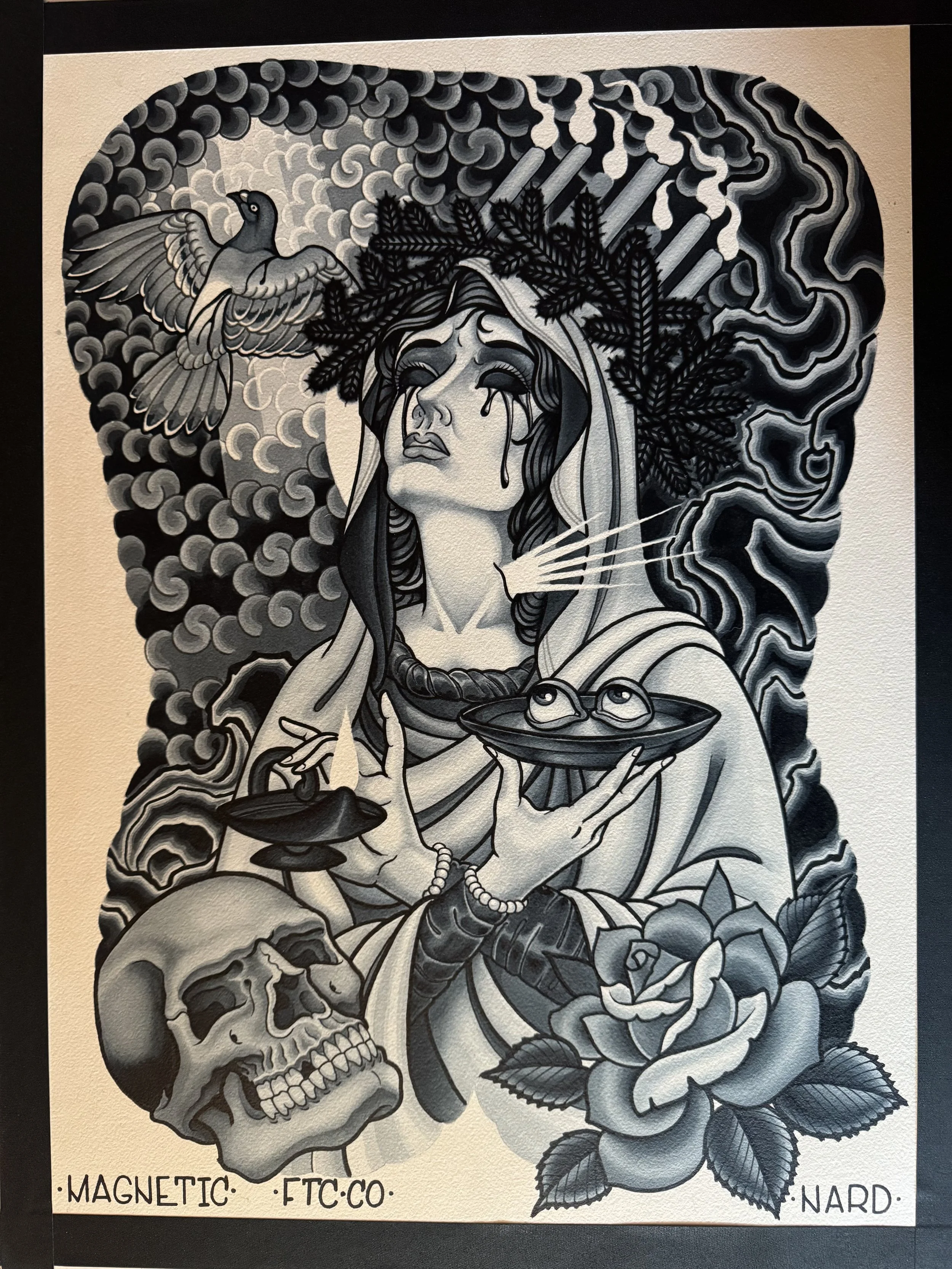 A black and white tattoo-style illustration of Saint Lucia with tears on her face, wearing a leaf crown, holding a bowl with eyes, with a skull at her side, a blooming rose, a dove, stormy clouds, and smoke in the background.