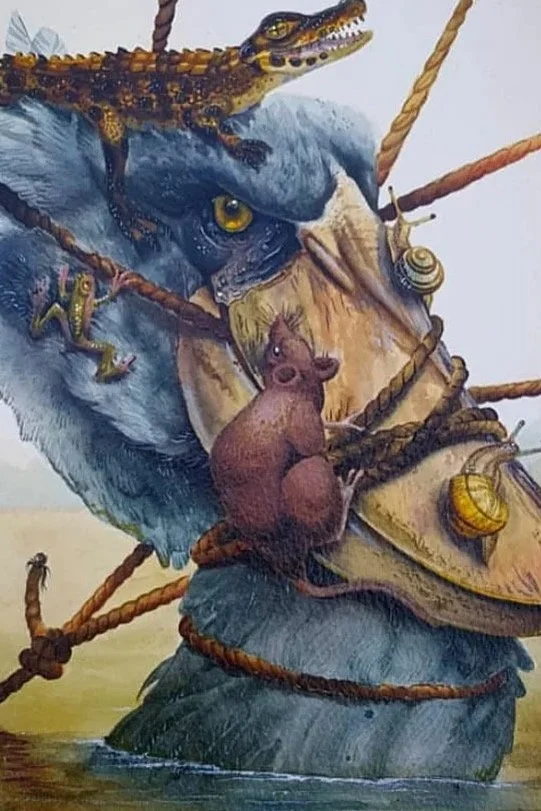A detailed illustration of a large blue creature with a humanoid face and a frog on its shoulder, accompanied by a small mouse sitting on a piece of cloth attached to the creature, with ropes and shells surrounding them.