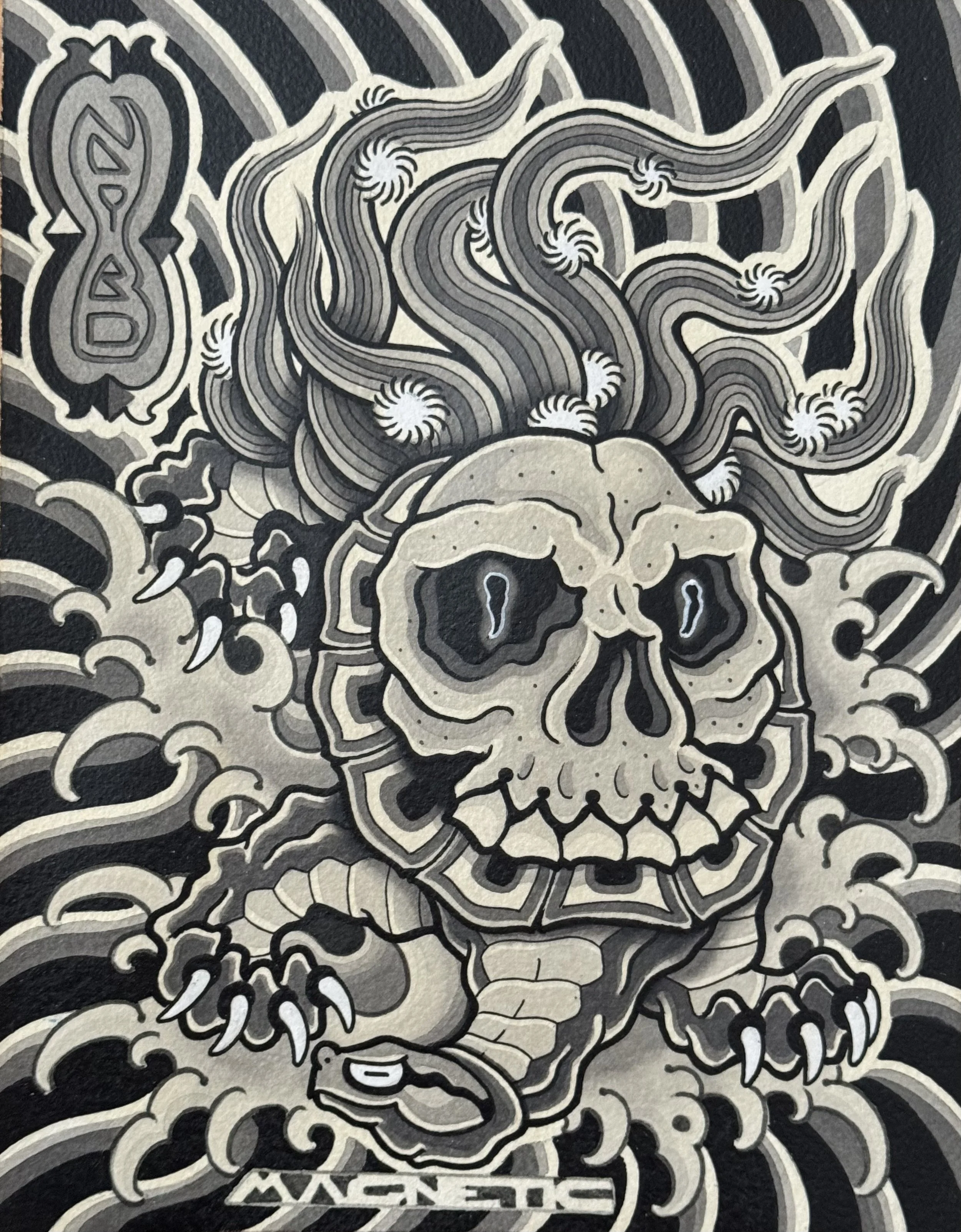 Illustration of a minogame turtle with skull, surrounded by waves and clouds, in black, white, and gray tones.