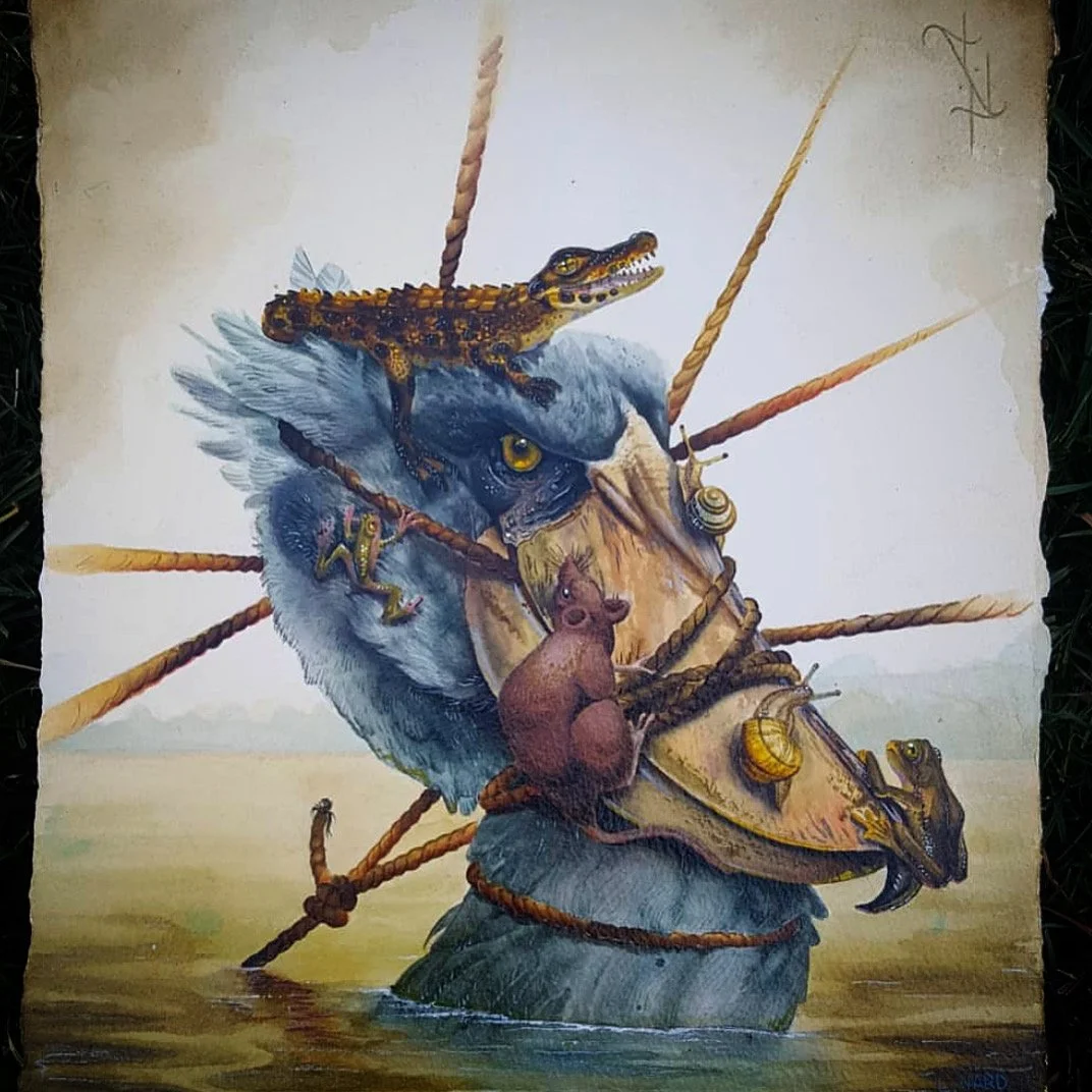 A detailed illustration of a kingfisher bird with various animals, including a rat, a lizard, a frog, a snail, a small snake, and a toad, placed on its beak and head. The background is a natural outdoor scene with water and greenery.