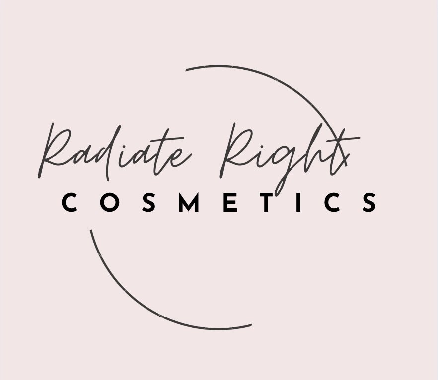 Logo for Radiate Right Cosmetics with black cursive and bold text on a light pink background, partially enclosed by two black curved lines.