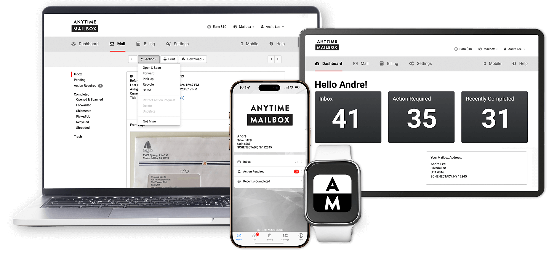 Virtual mailbox app showing remote main management for Maximize Shipping Center in Monroe, Ohio
