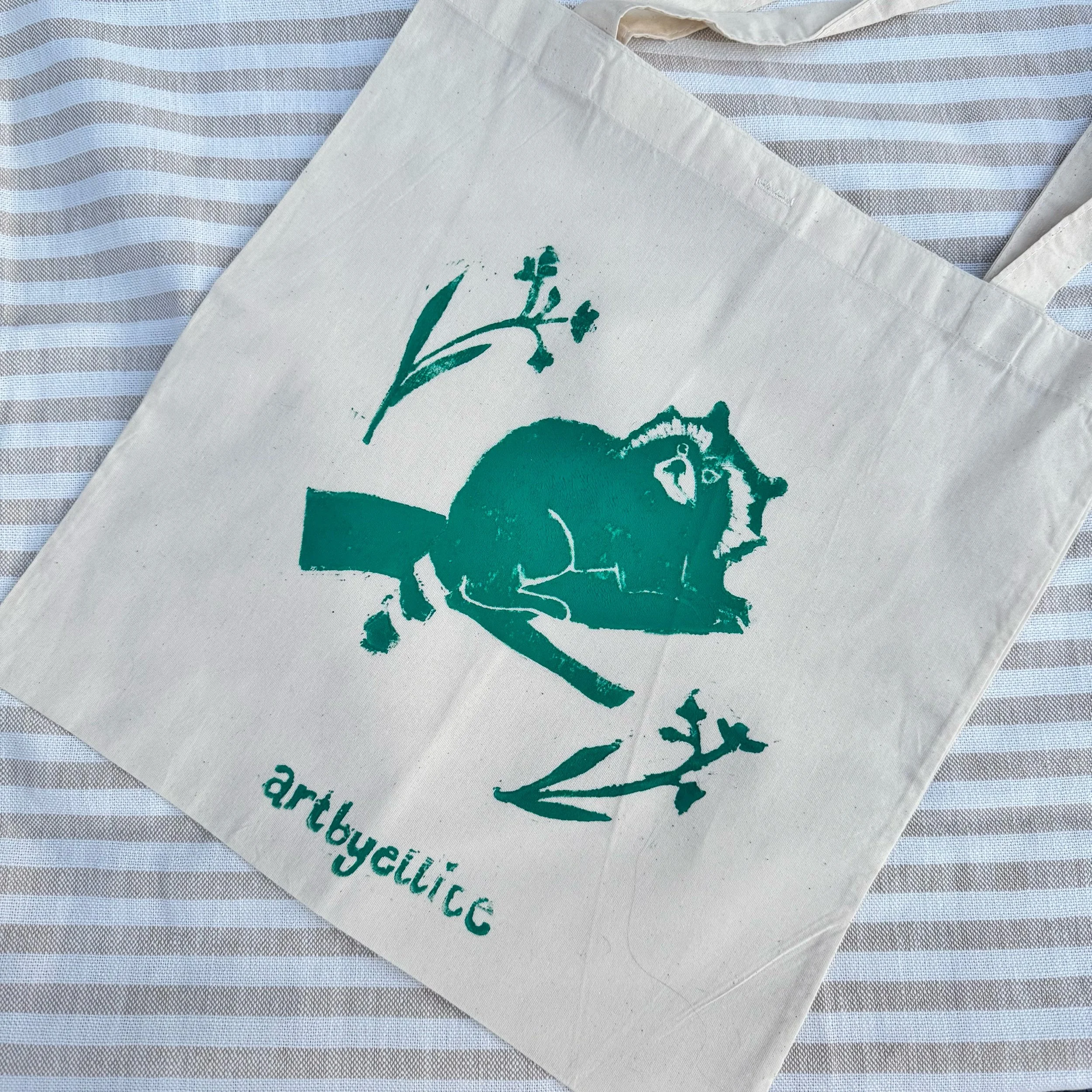 Green Raccoon Lino Print Tote