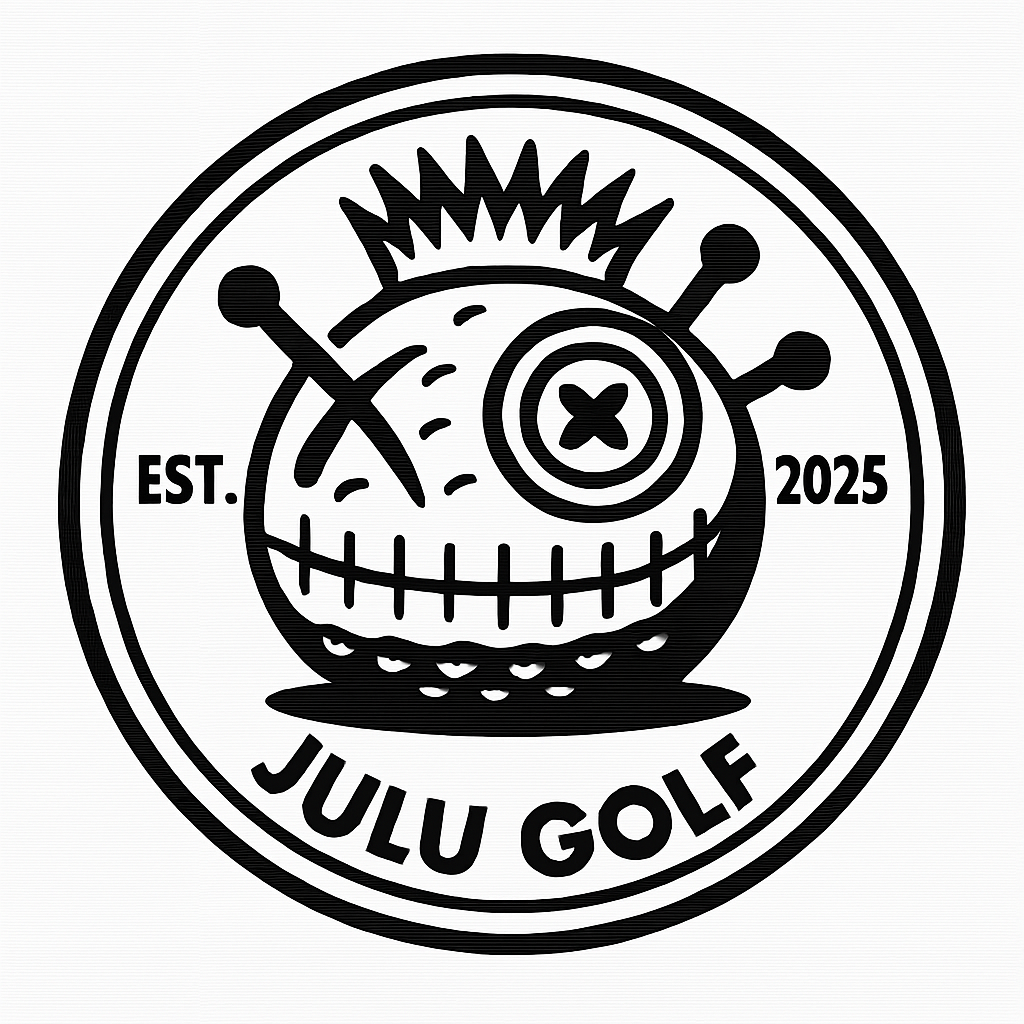 Black and white logo for JULU GOLF, featuring a cartoonish skull with stitched mouth, an eye patch marked with an X, a crown, and three swords piercing the skull, with the establishment year 2025.