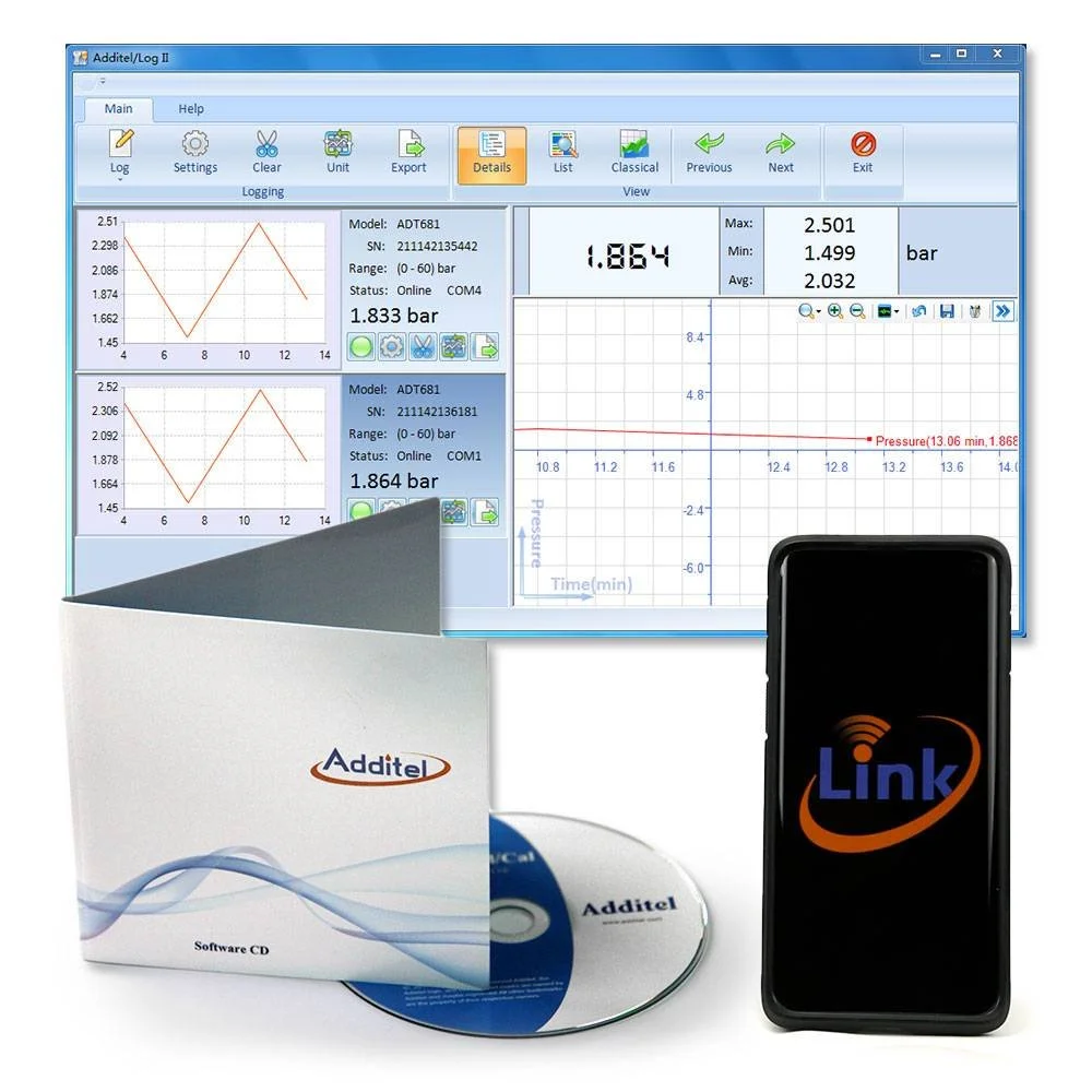 A digital pressure testing system with a computer monitor displaying pressure data and graphs, an Additel software CD and manual, a CD-ROM, and a smartphone with the Link app logo.