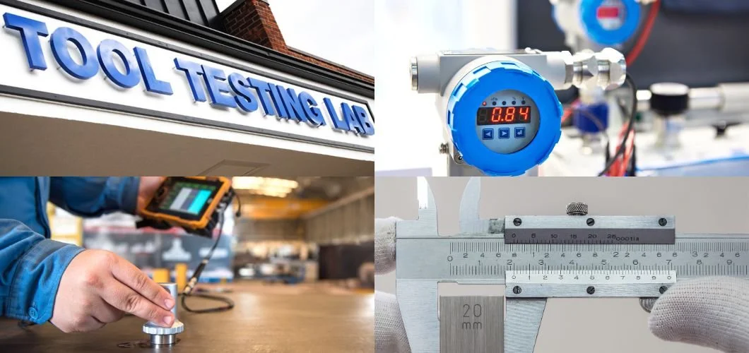 Collage of images showing a tool testing lab, digital gauge, a person using a measurement device, and a caliper measuring metal.
