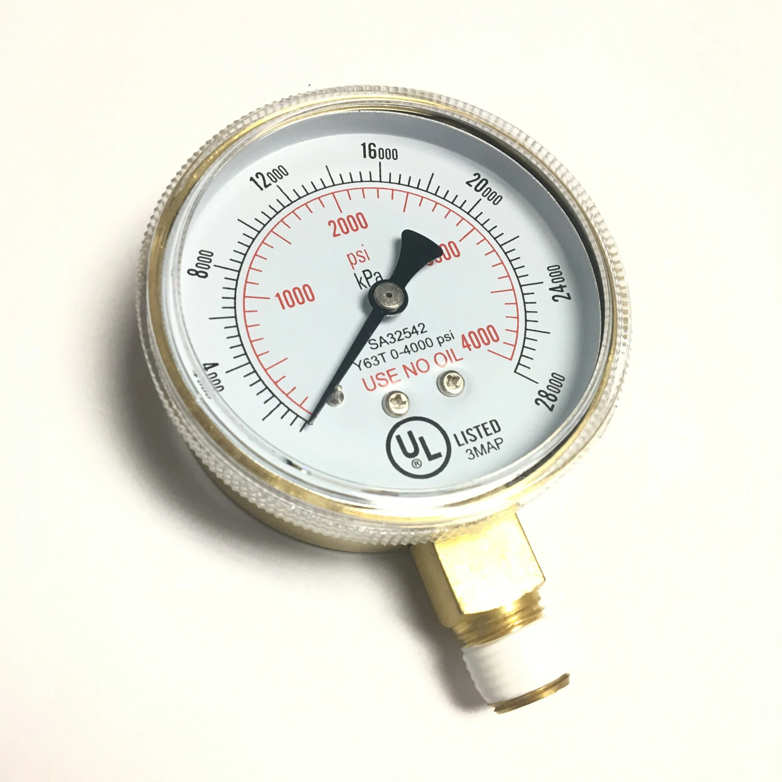 Pressure gauge showing approximately 150 psi or 10.3 bar, with a brass fitting at the bottom and markings indicating 'USE NO OIL 4000 psi'.