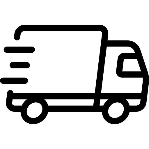 Outline illustration of a delivery truck with motion lines indicating movement