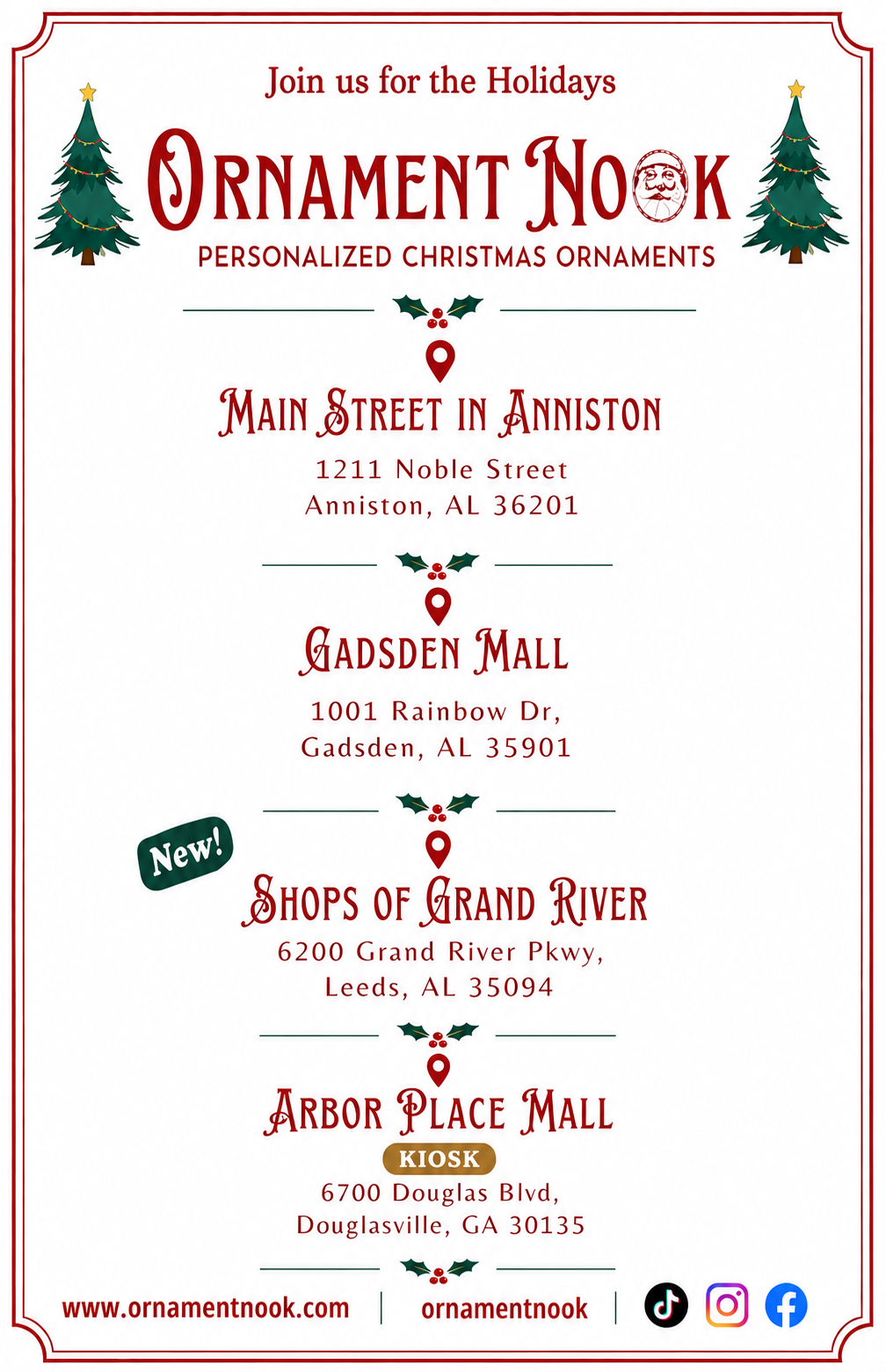 Ornament Nook holiday store locations flyer