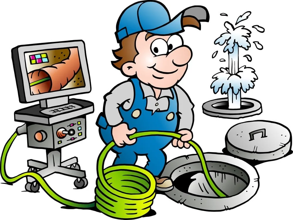Cartoon plumber with a blue cap and overalls fixing a leaky toilet using a green hose, with a pipe burst and a computer monitor nearby.