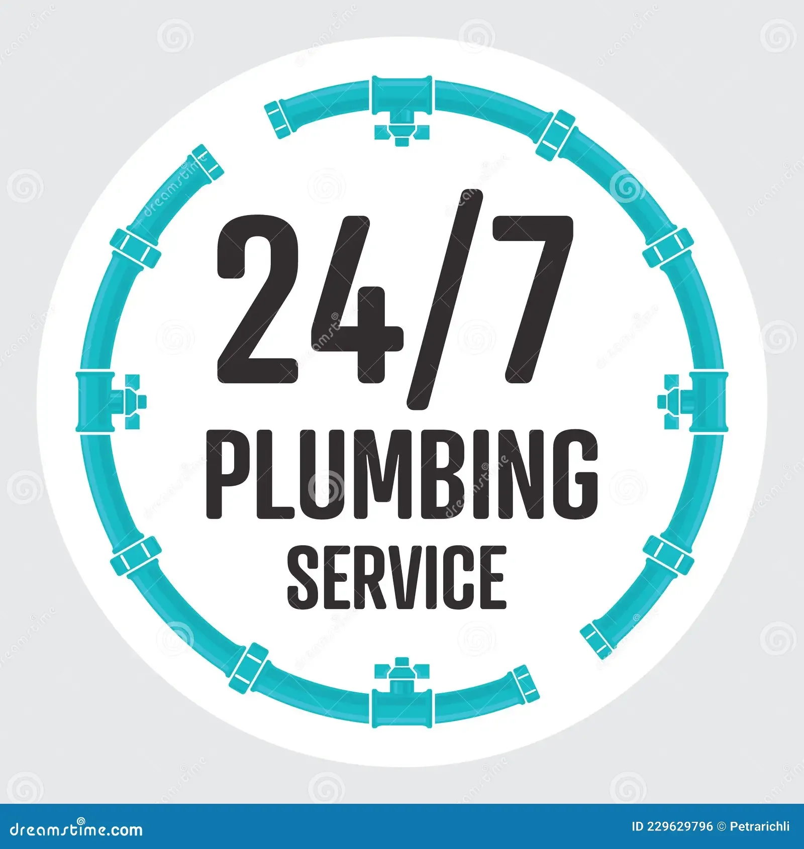 Circular sign with blue pipes border, black text states '24/7 Plumbing Service'