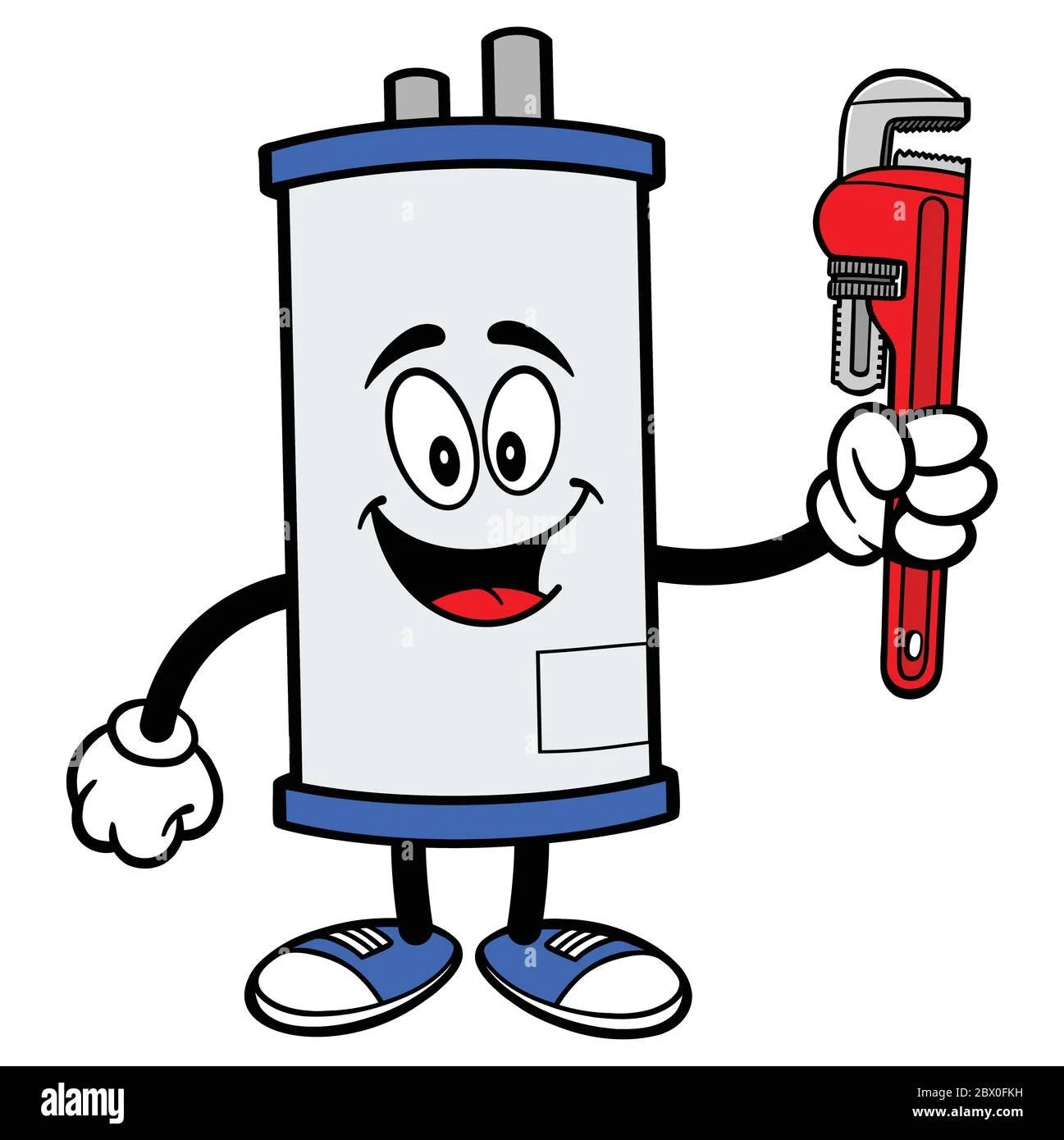 Cartoon illustration of a smiling hot water heater character holding a red pipe wrench.