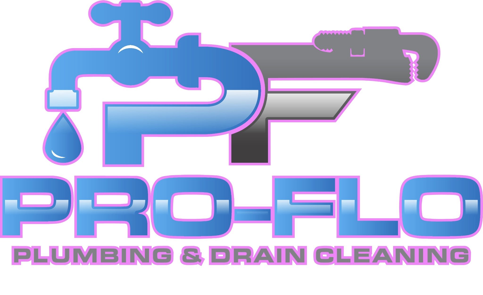 Logo for Pro-Fi Plumbing & Drain Cleaning, featuring a blue and gray faucet with a water droplet and a wrench, with the company name in large blue and purple text.