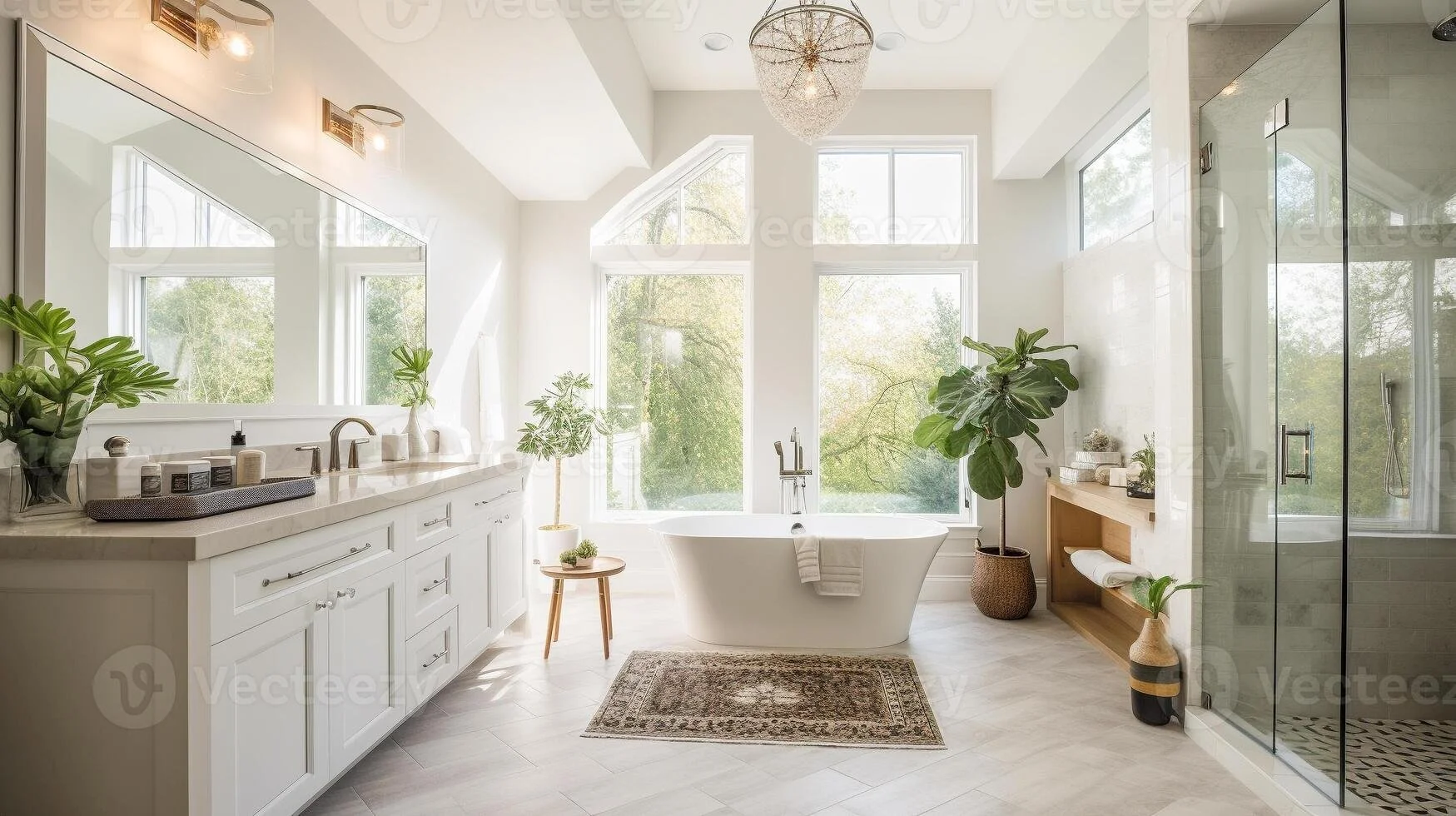 Bright bathroom with large windows, free-standing bathtub, vanity with mirror, and shower area, decorated with plants and modern fixtures.