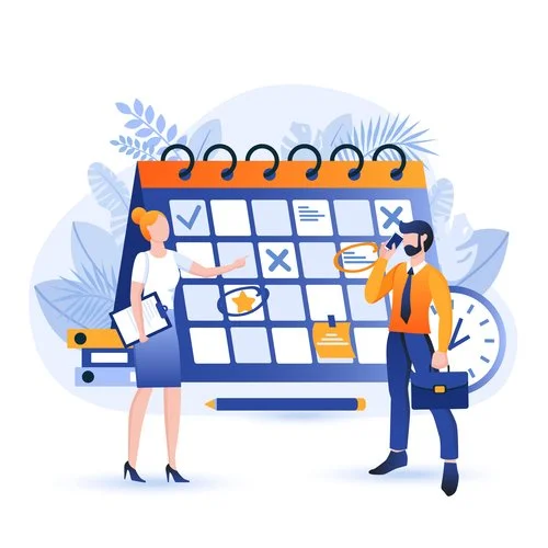 A digital illustration of a woman and man discussing a calendar with various symbols, indicating planning or scheduling, with plants and a clock in the background.