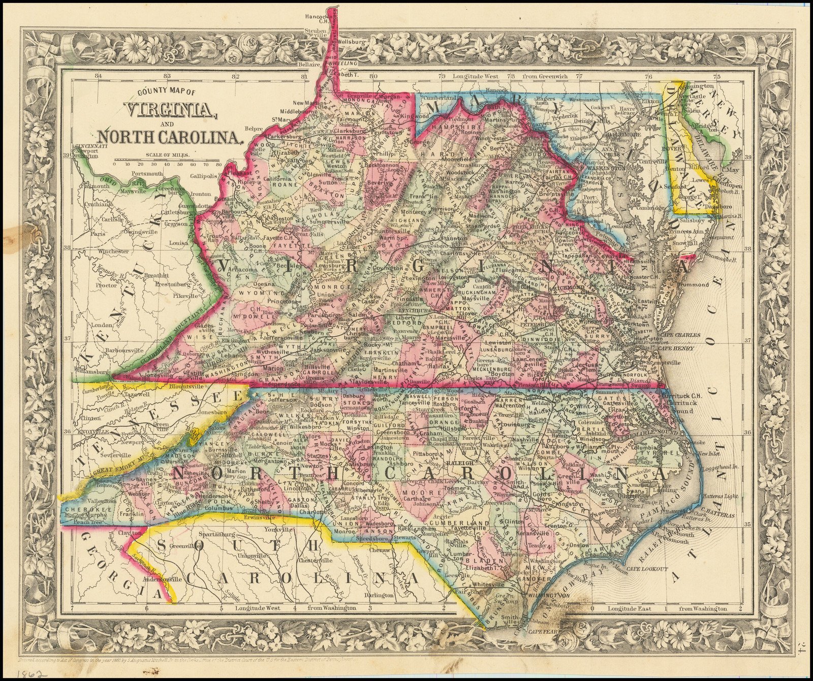 Historical map of Virginia, North Carolina, South Carolina, and parts of Georgia, with state borders outlined in various colors and an ornate border design.