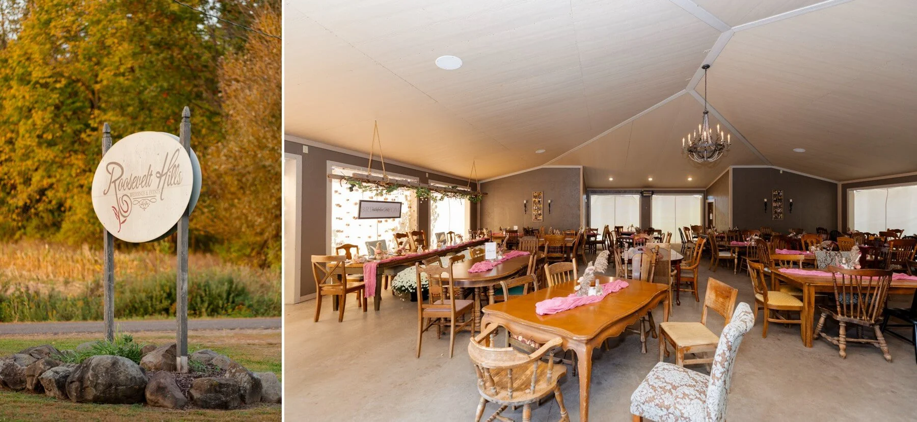 Collage of two photos which includes the sign of the wedding venue and the reception with unique antique table & chairs