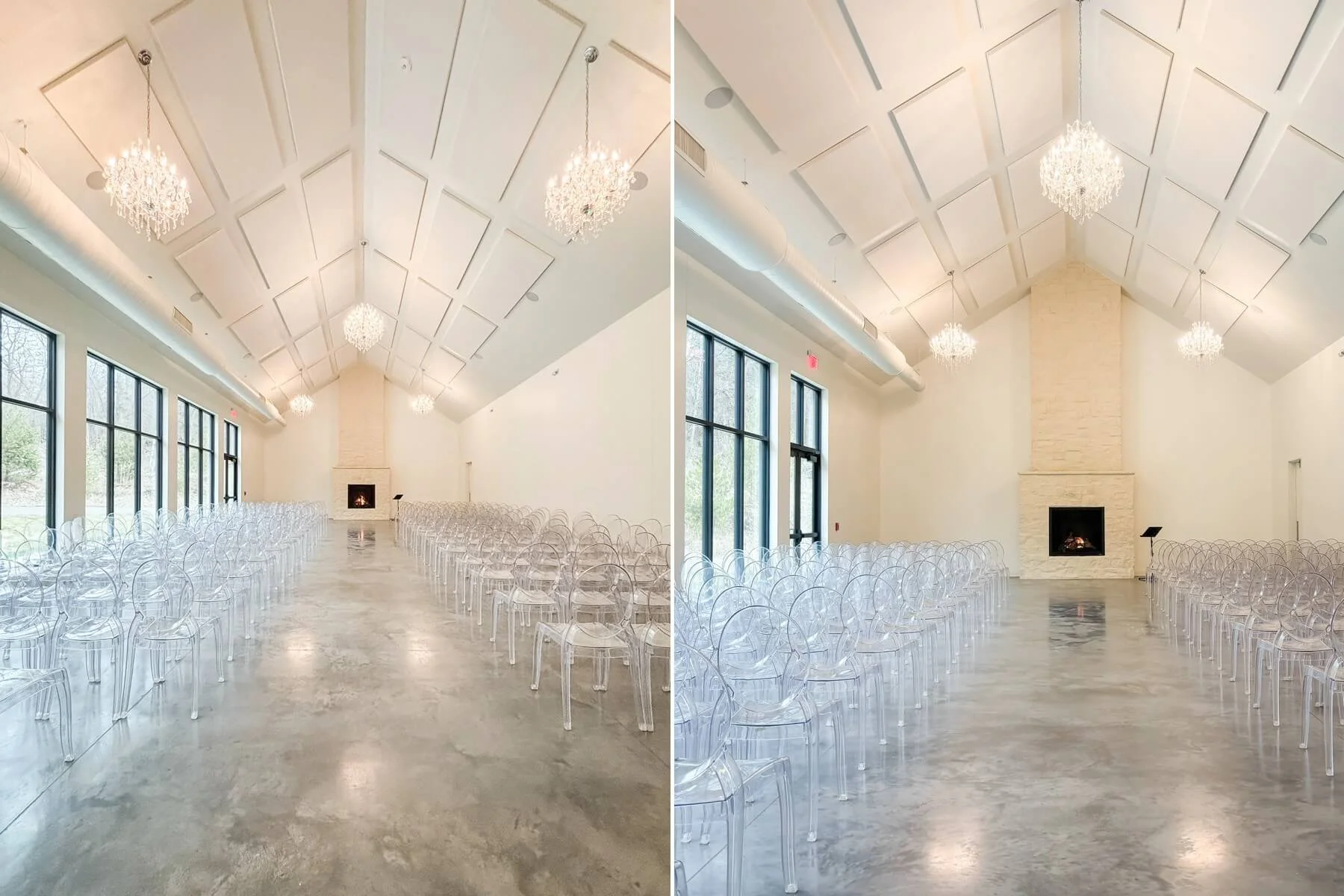Indoor wedding ceremony with clear plastic chairs facing the floor to ceiling gas fireplace covered with cream stone