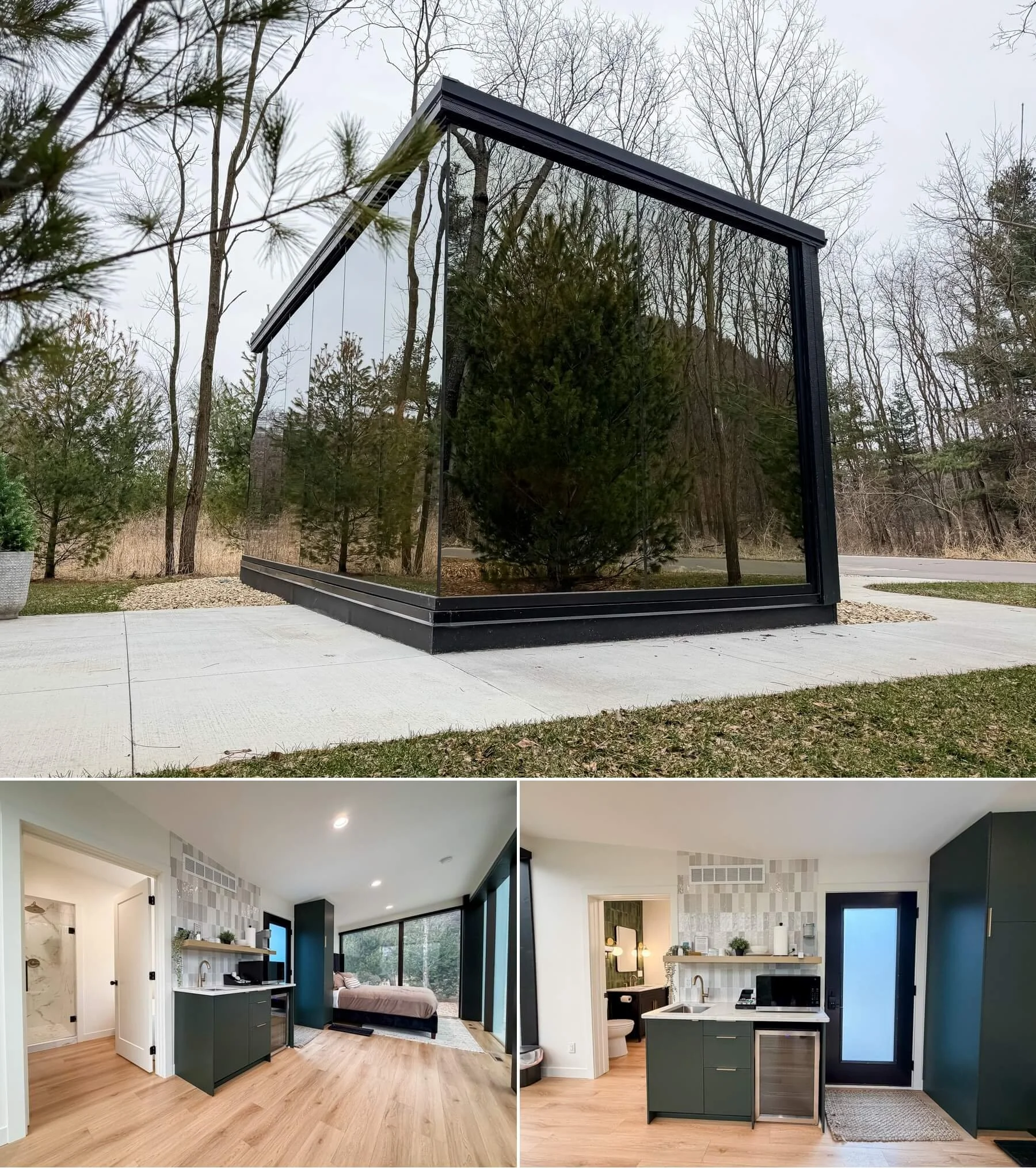 Collage of three photos inside the Mirror cabin