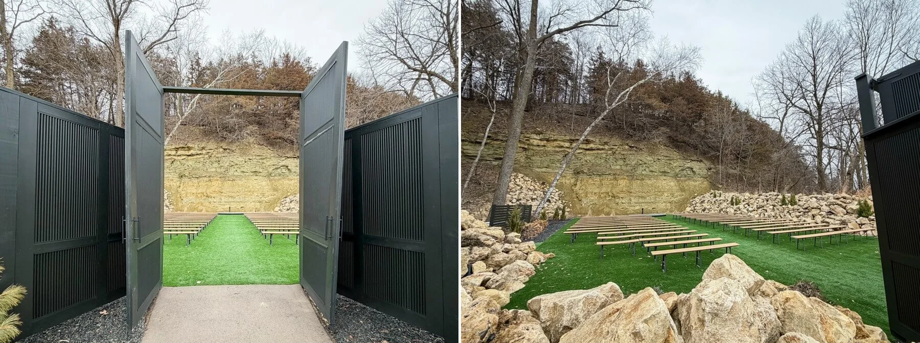 Black swinging doors at the start of wedding aisle facing the limestone bluff ceremony site