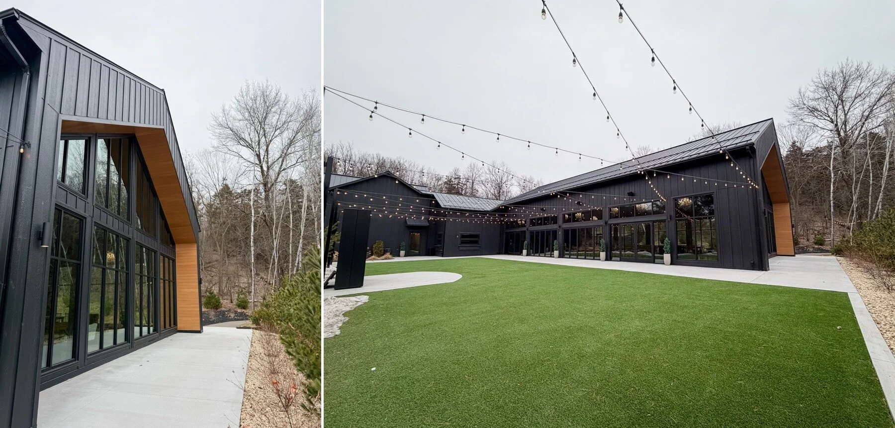 Outdoor cocktail area with bistro lights and ground covered with astro turf.