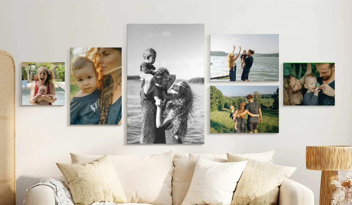 Wall collage above a couch with a multi size layout with different orientation