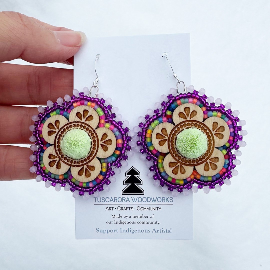 Beaded Flower Earrings with Caribou Hair Tuft