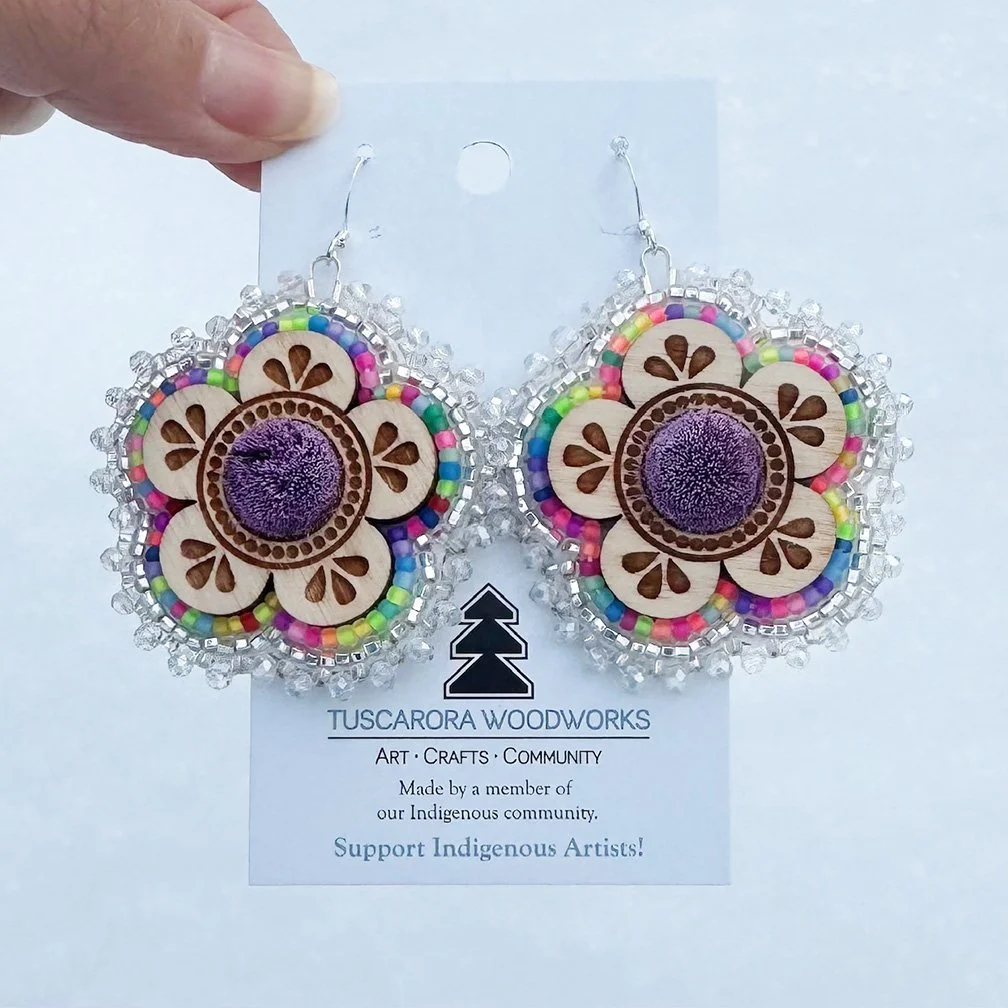 Beaded Flower Earrings with Purple Caribou Hair Tuft