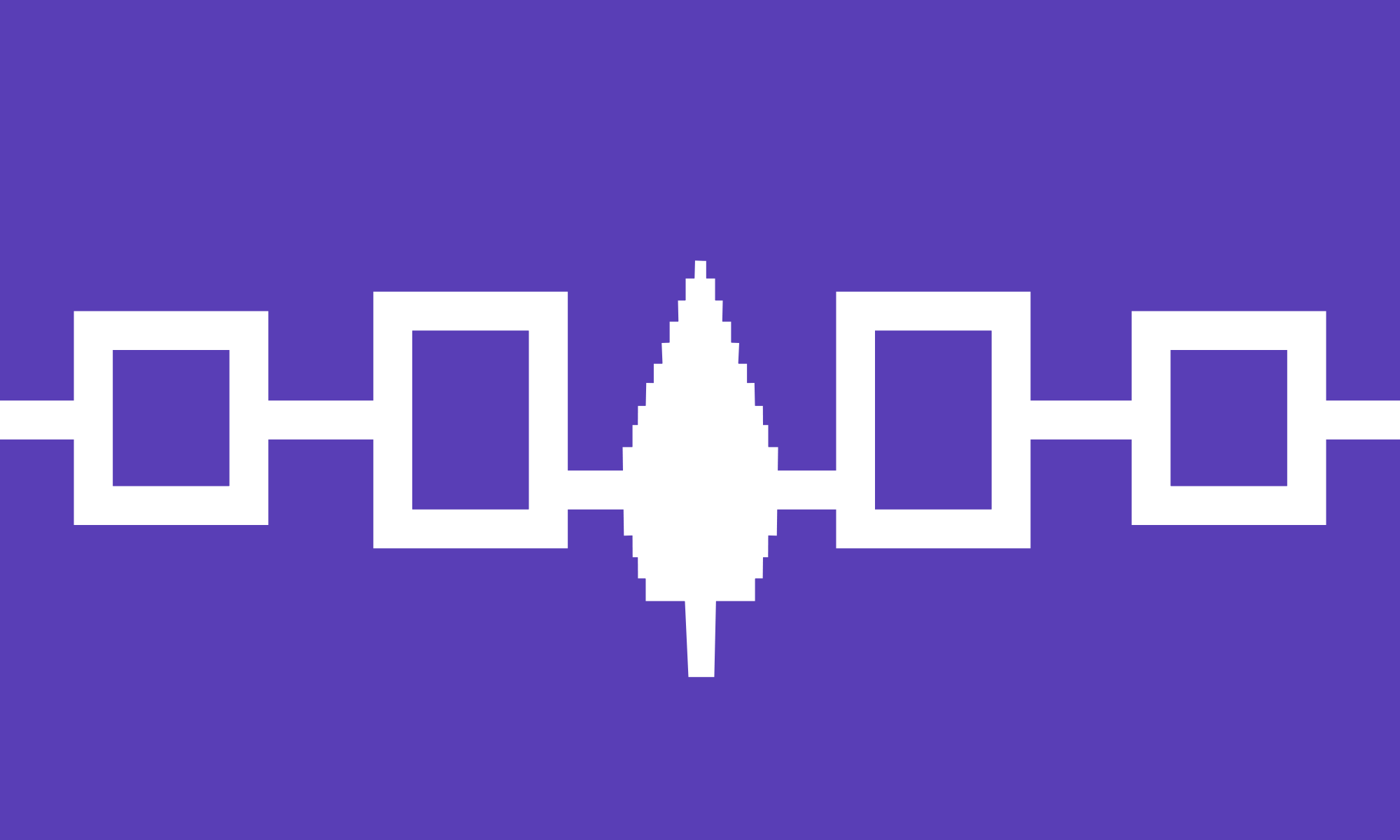 A pixelated geometric design featuring white shapes resembling sound waves or an equalizer against a purple background.